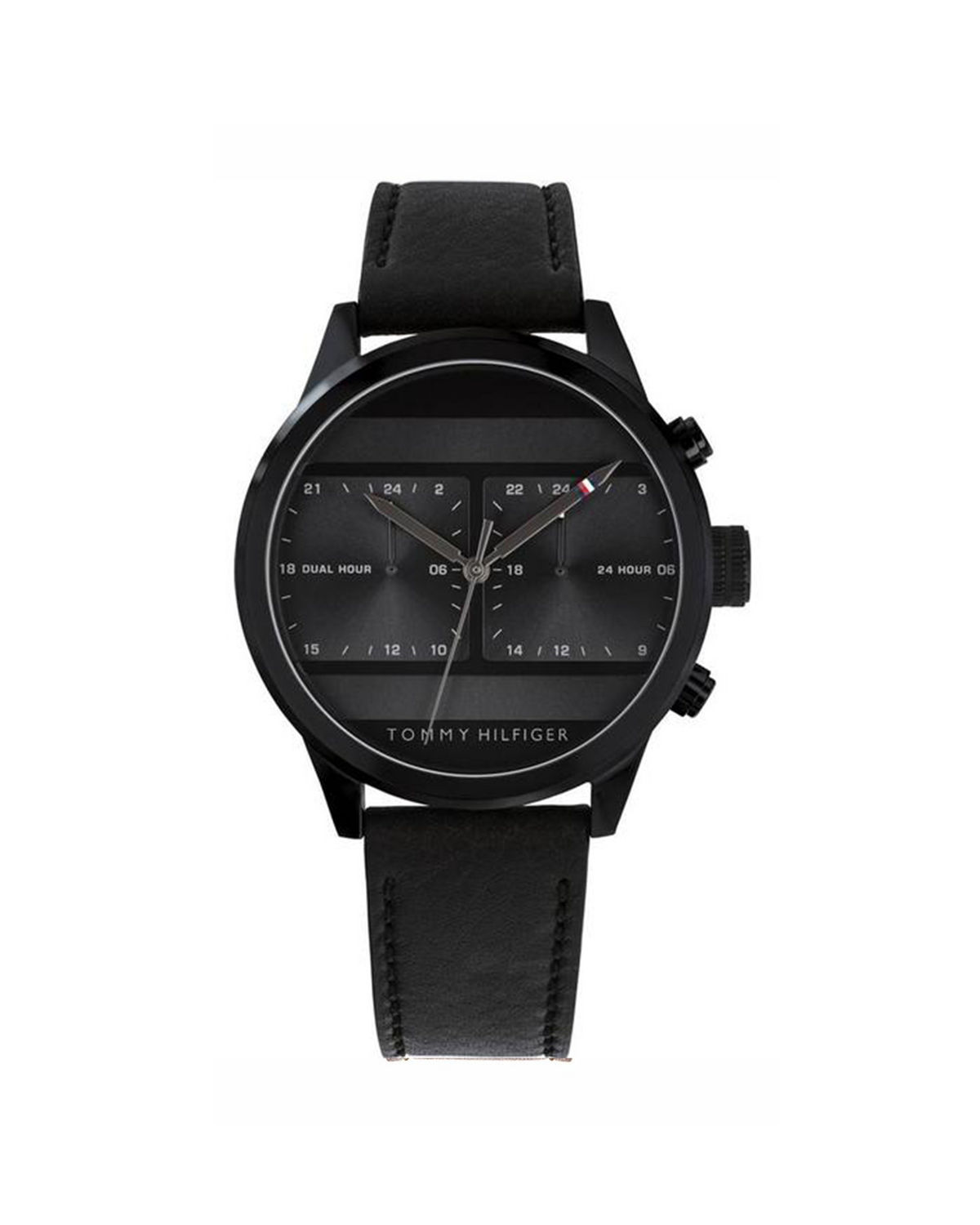 Tommy Hilfiger Icon 1791595 black dial watch with black leather strap - front view
