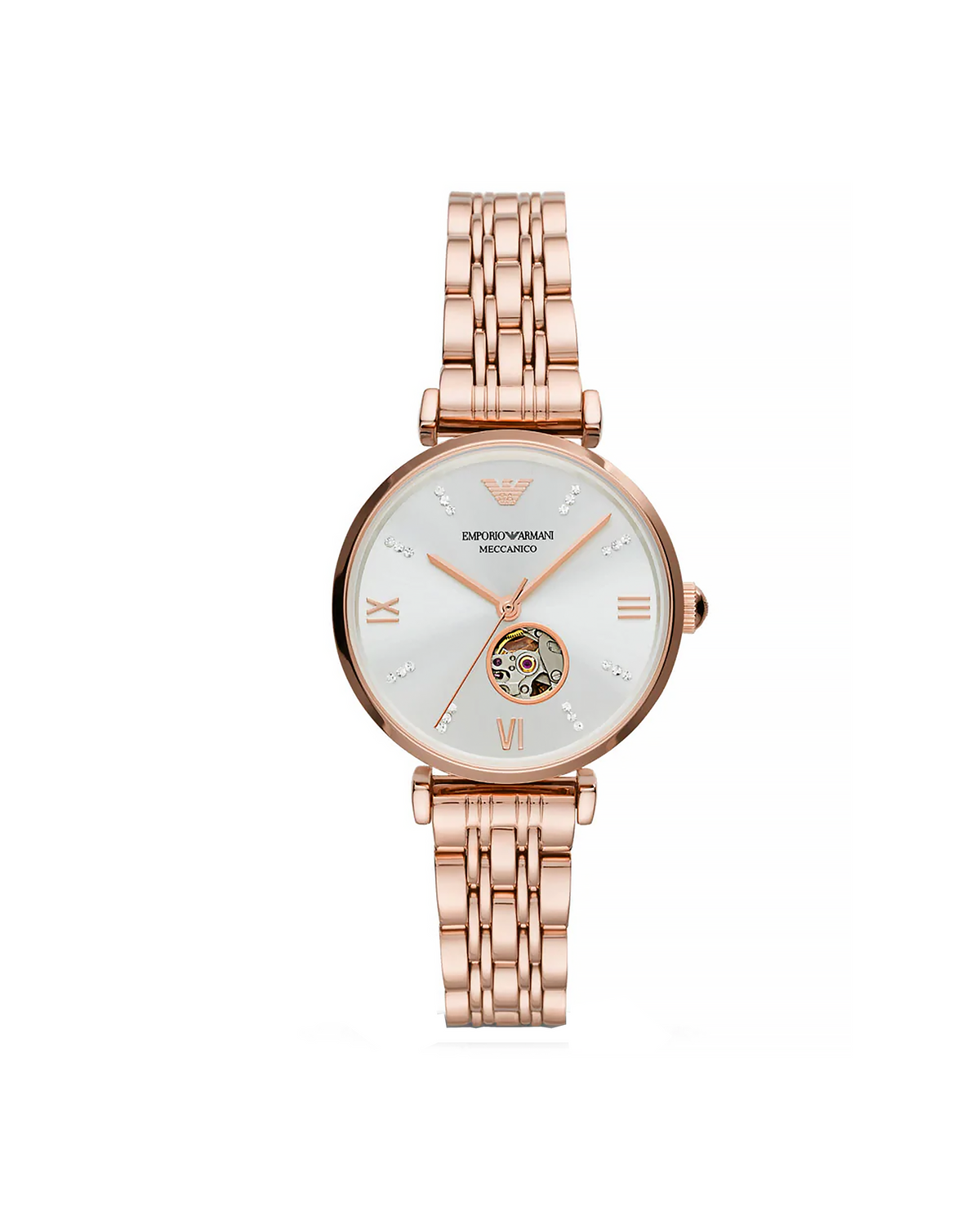 Emporio Armani AR60023 Gianni automatic watch with skeleton sub-dial and rose-gold bracelet — front view