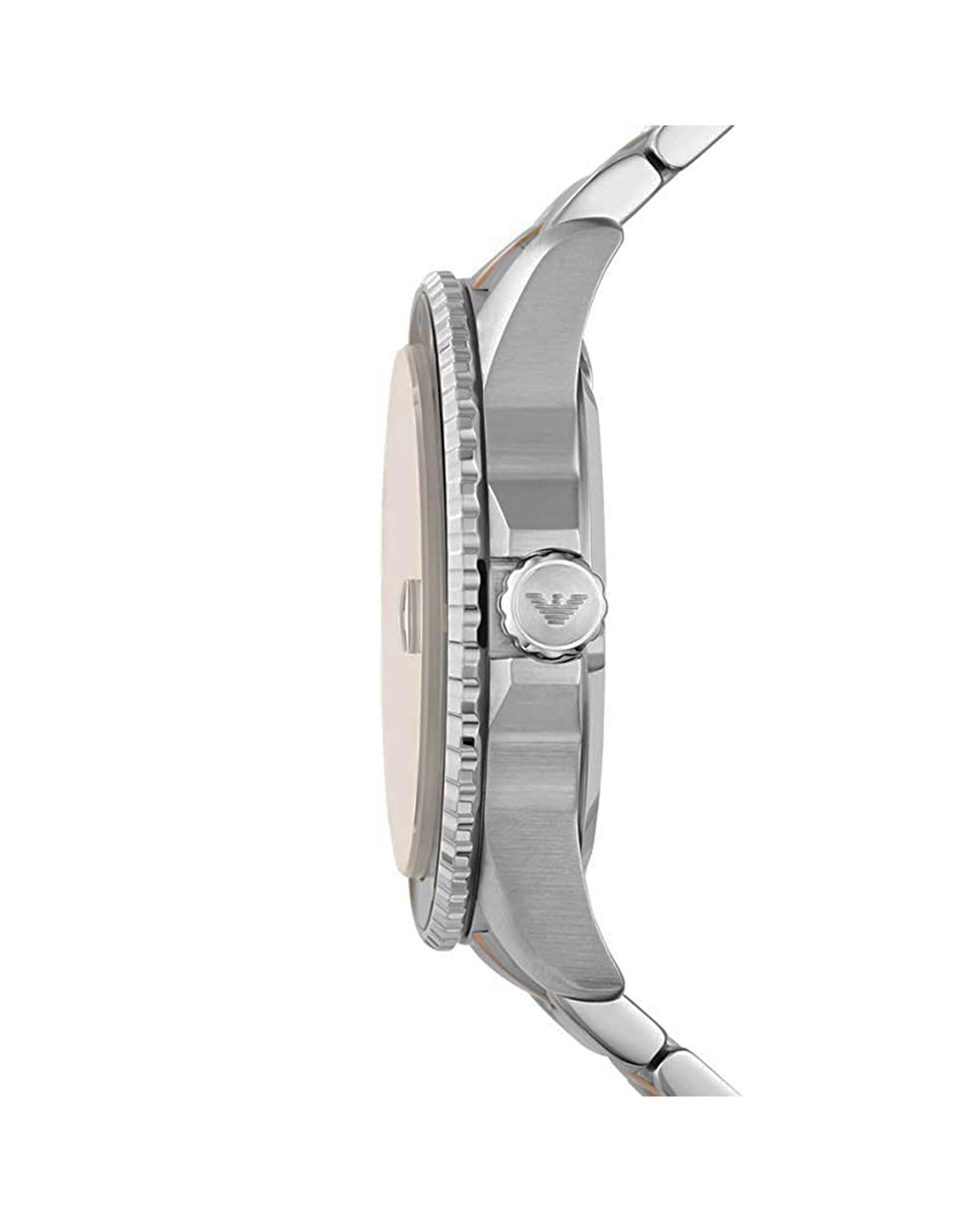 Emporio Armani AR11340 men's two-tone rose-gold and stainless steel dive watch with brown dial - side view
