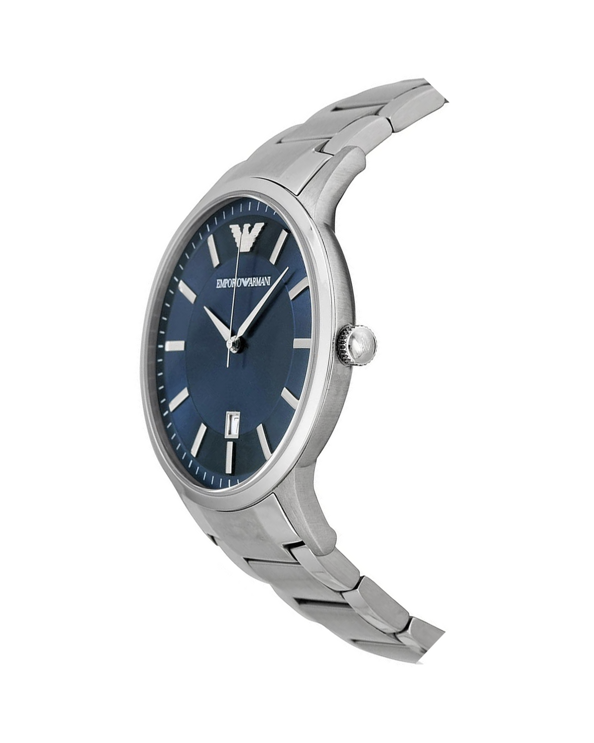 Emporio Armani AR2477 men's watch with blue dial and stainless steel bracelet — angle view