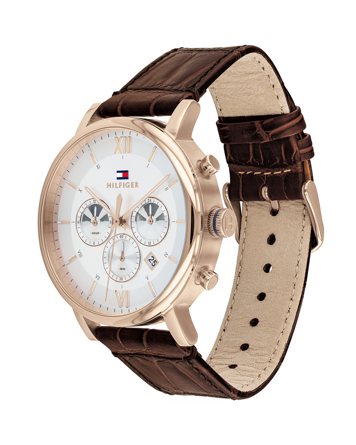 Tommy Hilfiger Evan 1710394 rose-gold watch with brown leather strap - side view