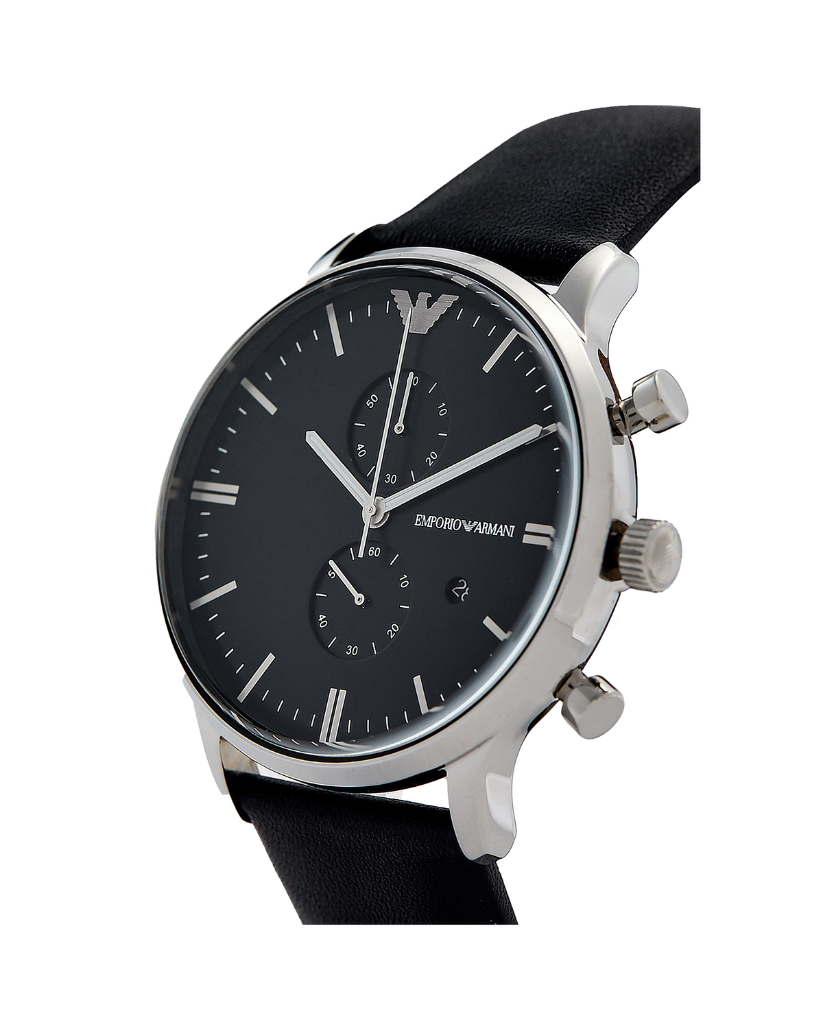 Emporio Armani AR0397 men's chronograph, silver-tone 43mm case, black leather strap