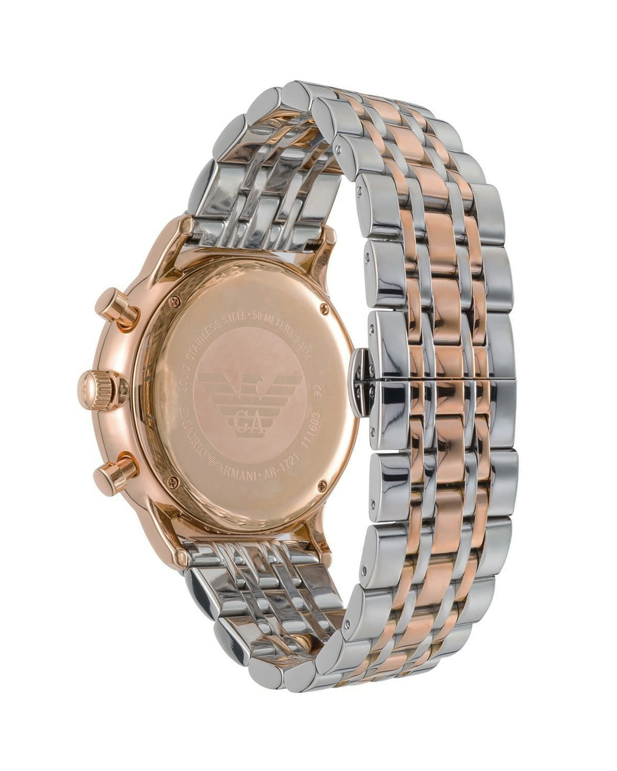 Emporio Armani AR1721 Gianni chronograph, rose-gold tone 43mm case, two-tone bracelet