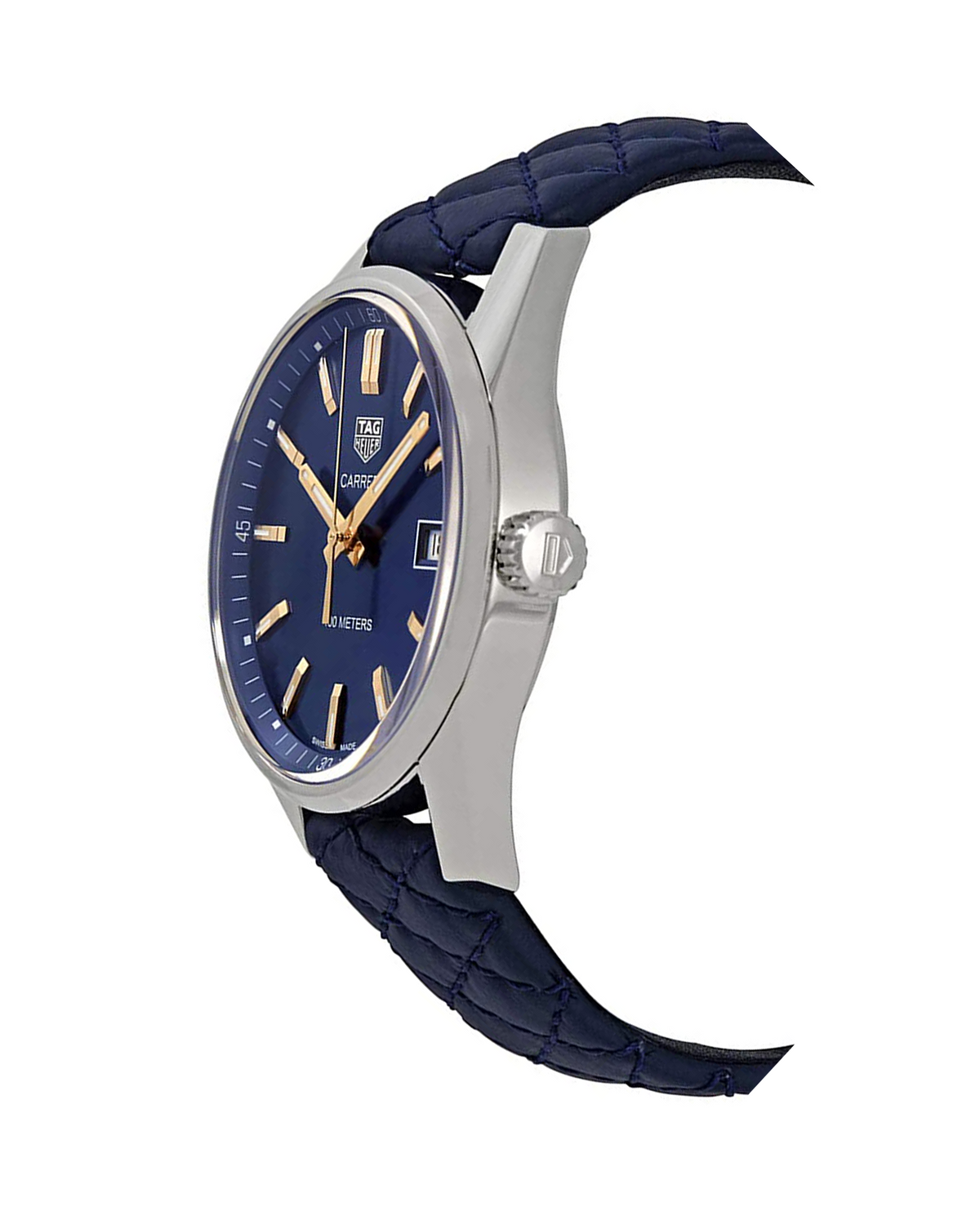 TAG Heuer Carrera WAR1112.FC6391 side view, stainless steel case with blue leather strap