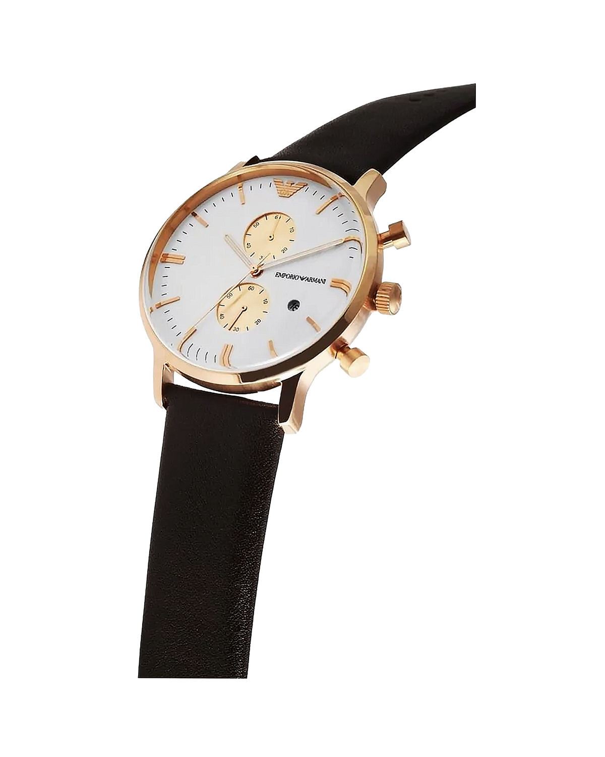 Emporio Armani AR0398 men's chronograph, rose-gold tone 43mm case, brown leather strap