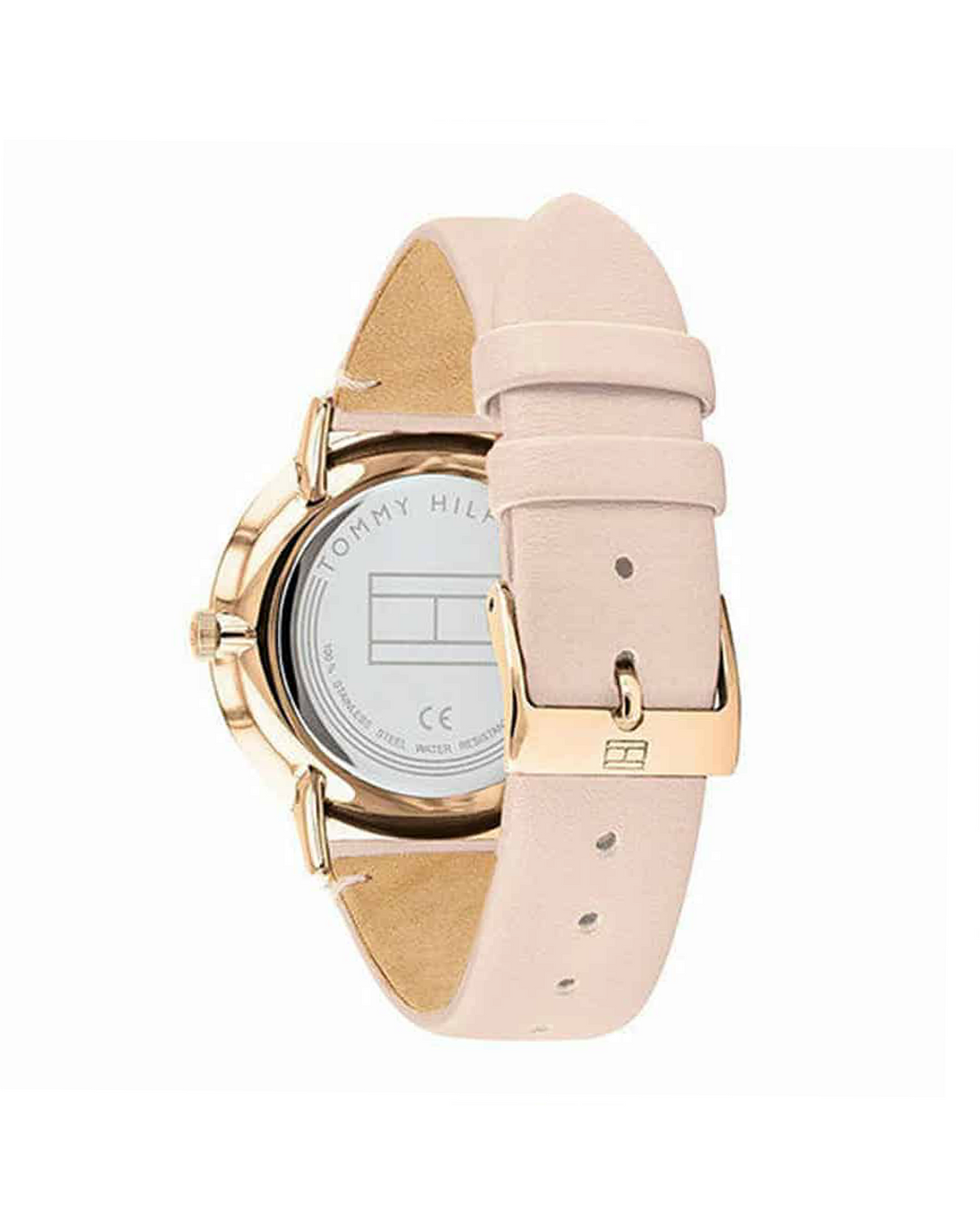 Tommy Hilfiger Jenna 1782071 watch side view showing pink leather band and pin buckle