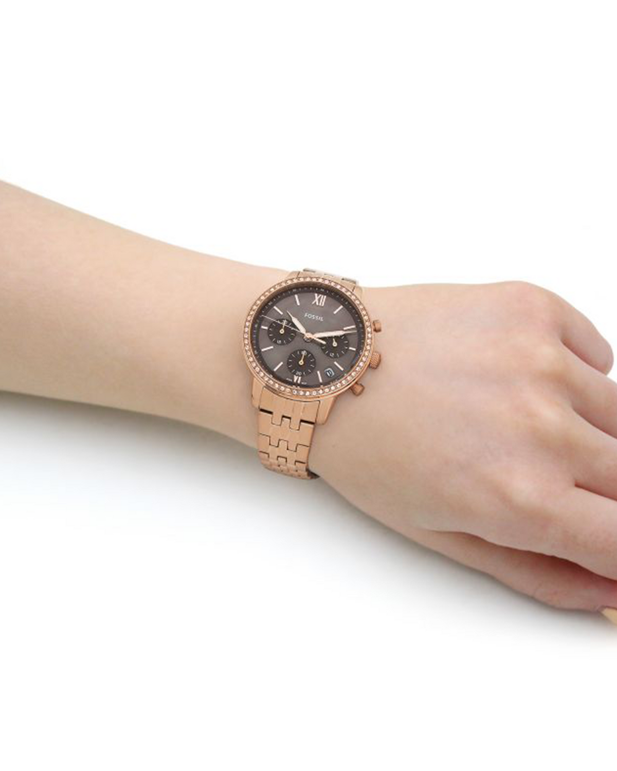 Fossil Neutra Chronograph ES5218 rose gold-tone watch, close-up of chronograph dial