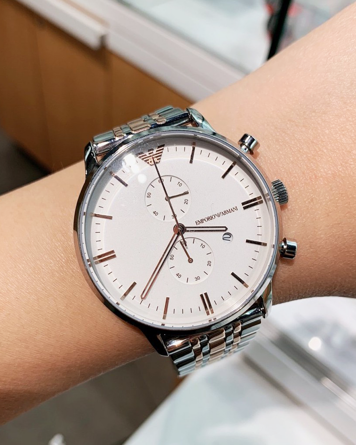Emporio Armani AR0399 Gianni X-Large chronograph, silver-tone 43mm case, two-tone bracelet