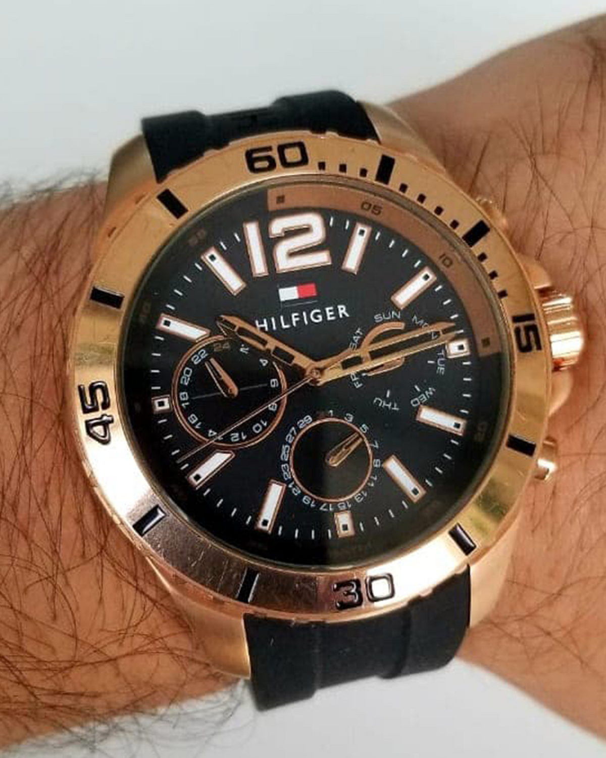 Tommy Hilfiger 1791145 — multifunction watch with black dial and black silicone strap