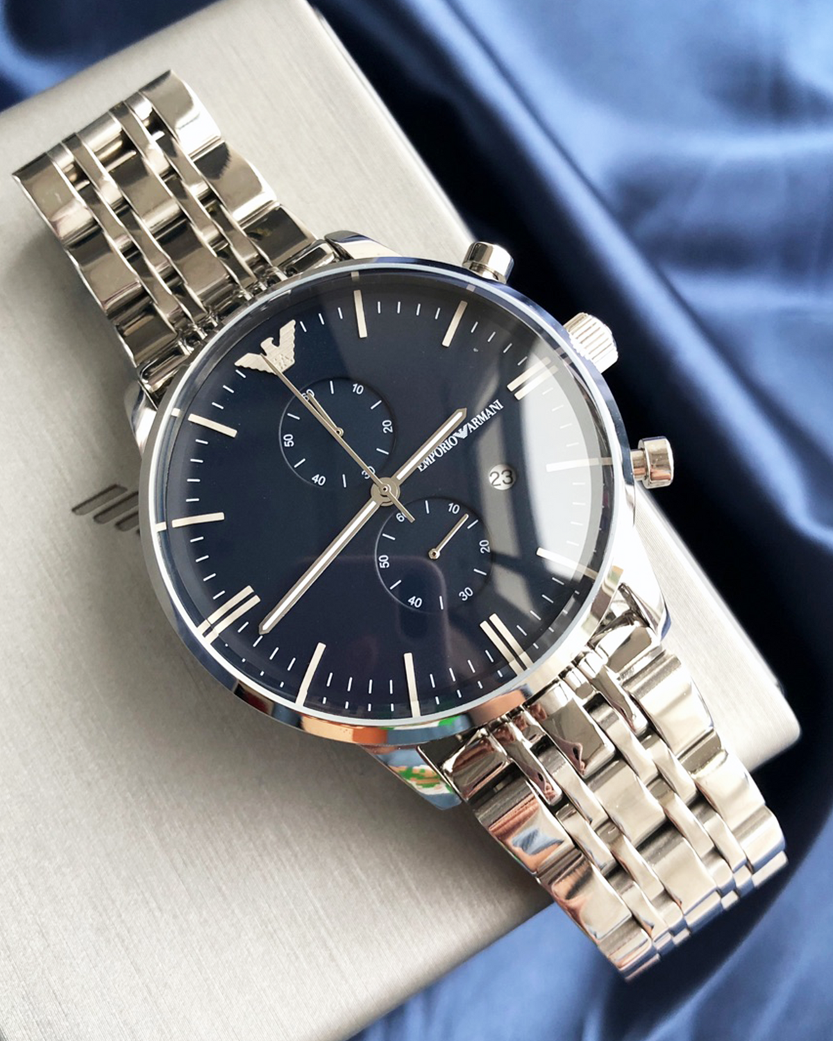 Emporio Armani AR1648 men's chronograph, silver-tone 43mm stainless steel case and bracelet