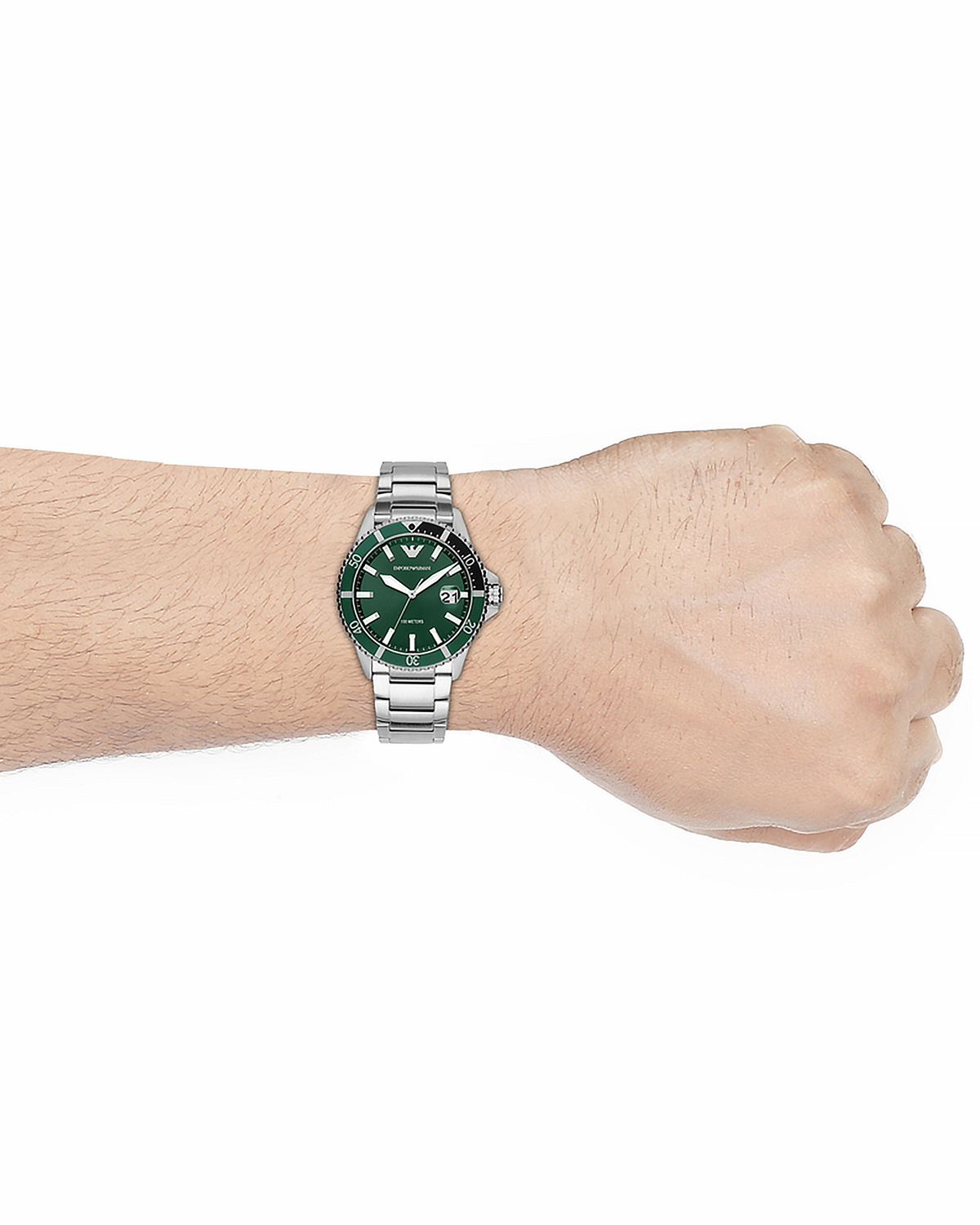 Emporio Armani AR11338 men's stainless steel dive watch with green dial - detail view