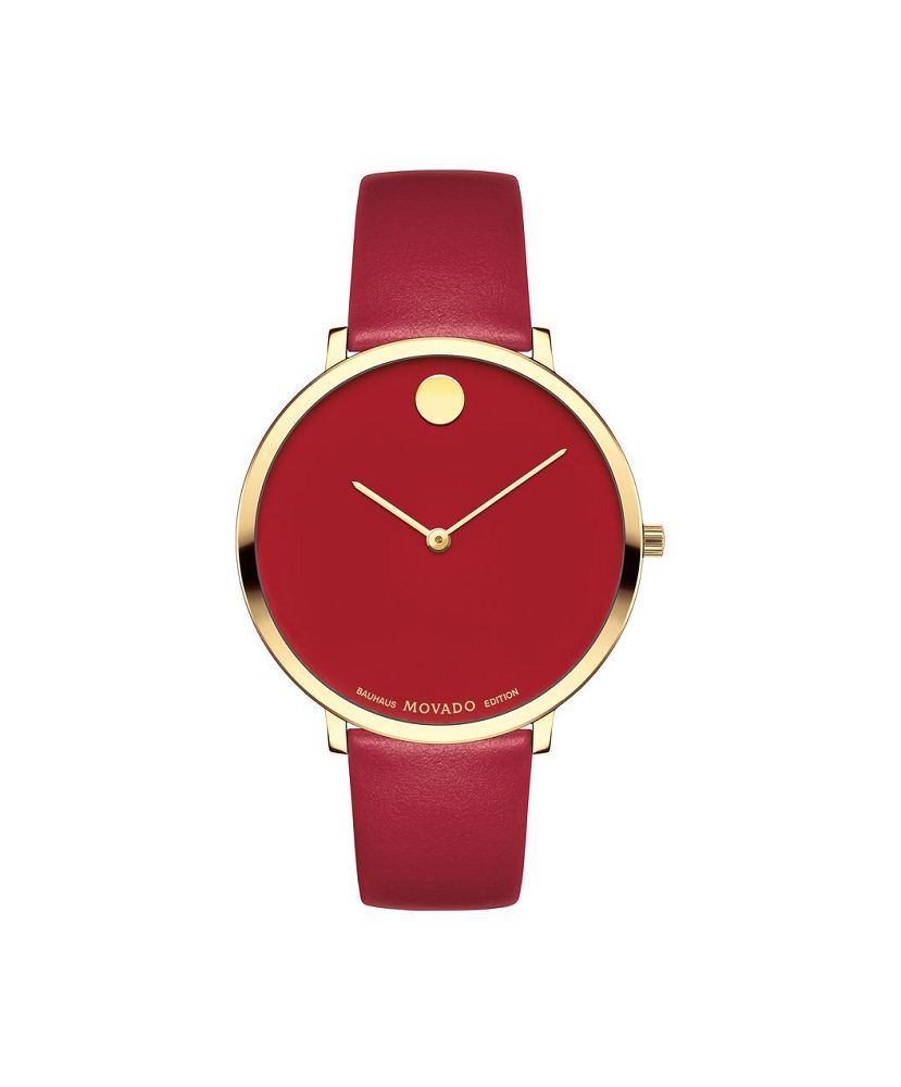 Movado Museum Bauhaus 70th Anniversary 0607142 red dial watch with yellow gold-tone case and red leather strap