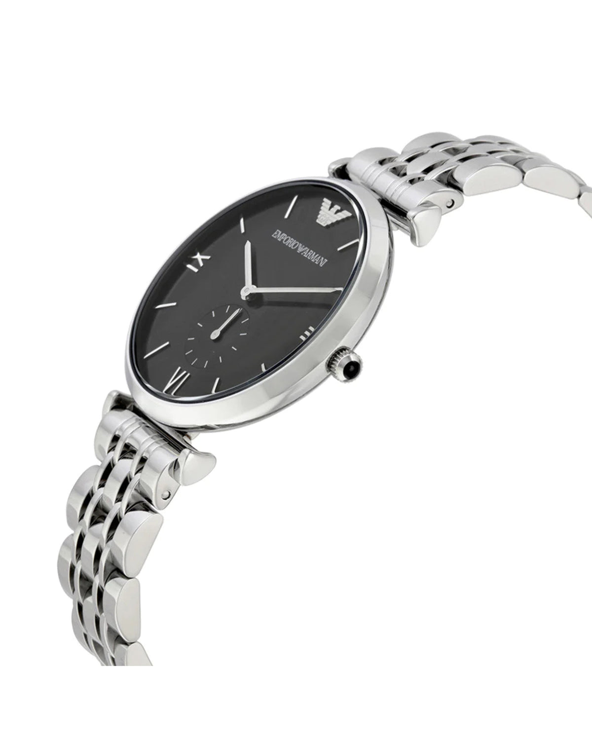 Emporio Armani AR1676 men's watch with black dial and stainless steel case — angle view