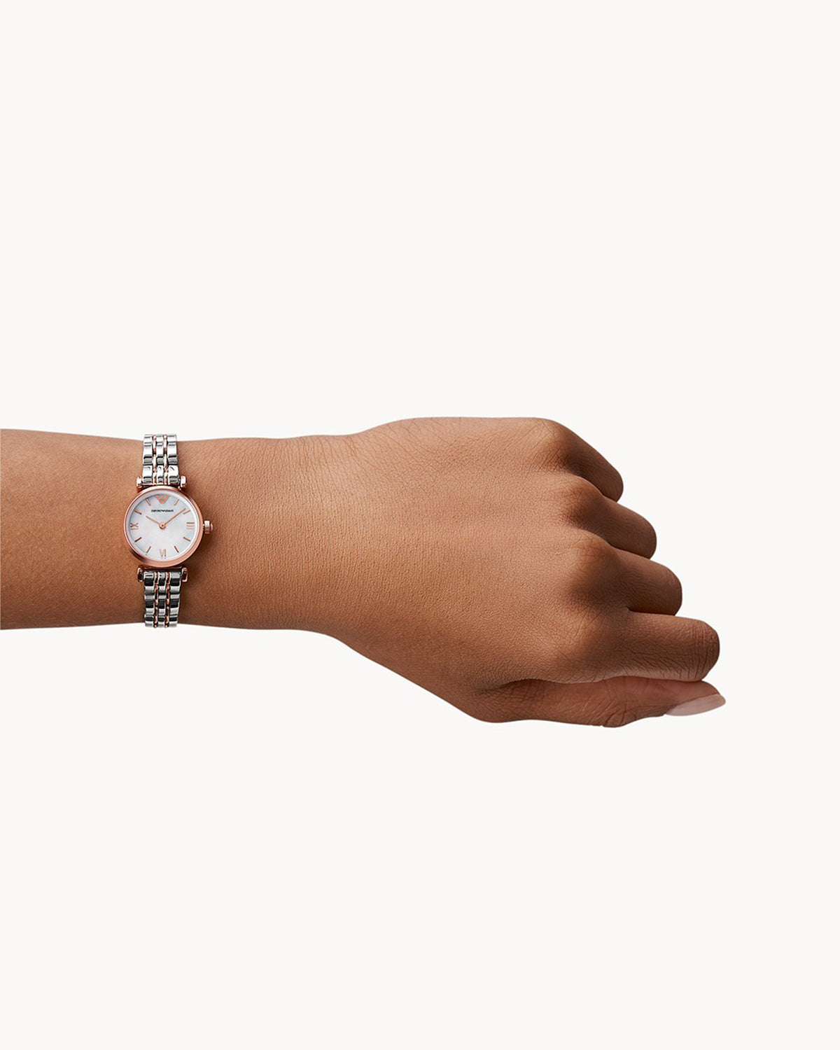Emporio Armani AR1764 Gianni T-Bar Mini watch, two-tone stainless steel bracelet detail