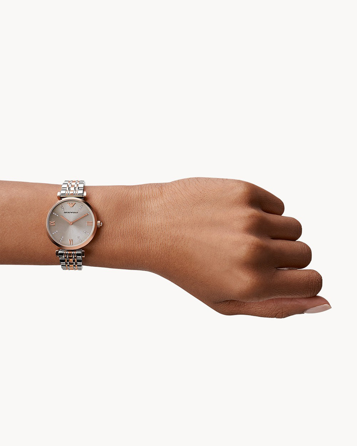 Emporio Armani AR1840 women's watch with black dial and stainless steel case — angle view