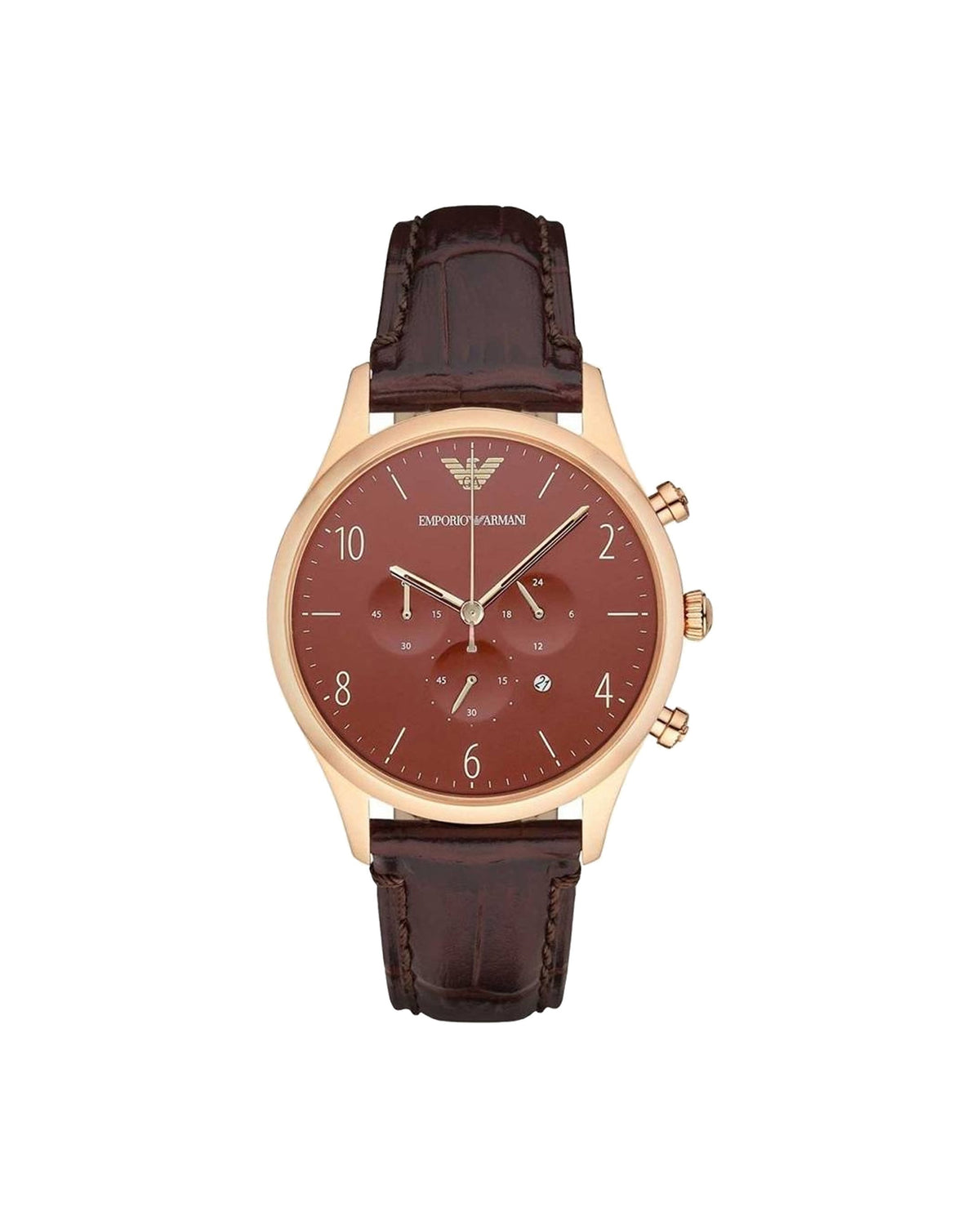 Emporio Armani AR1890 men's chronograph with burgundy dial and rose-gold-tone case — front view
