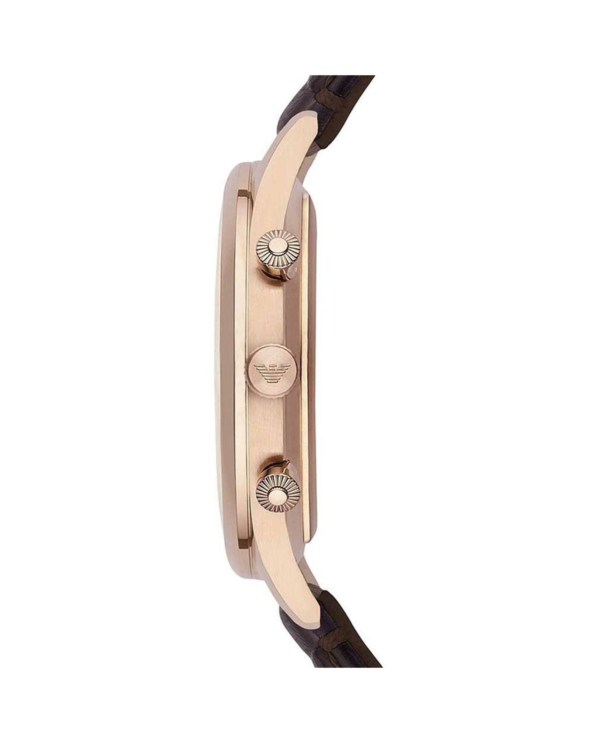 Emporio Armani AR1890 men's chronograph with burgundy dial and rose-gold-tone case — angle view