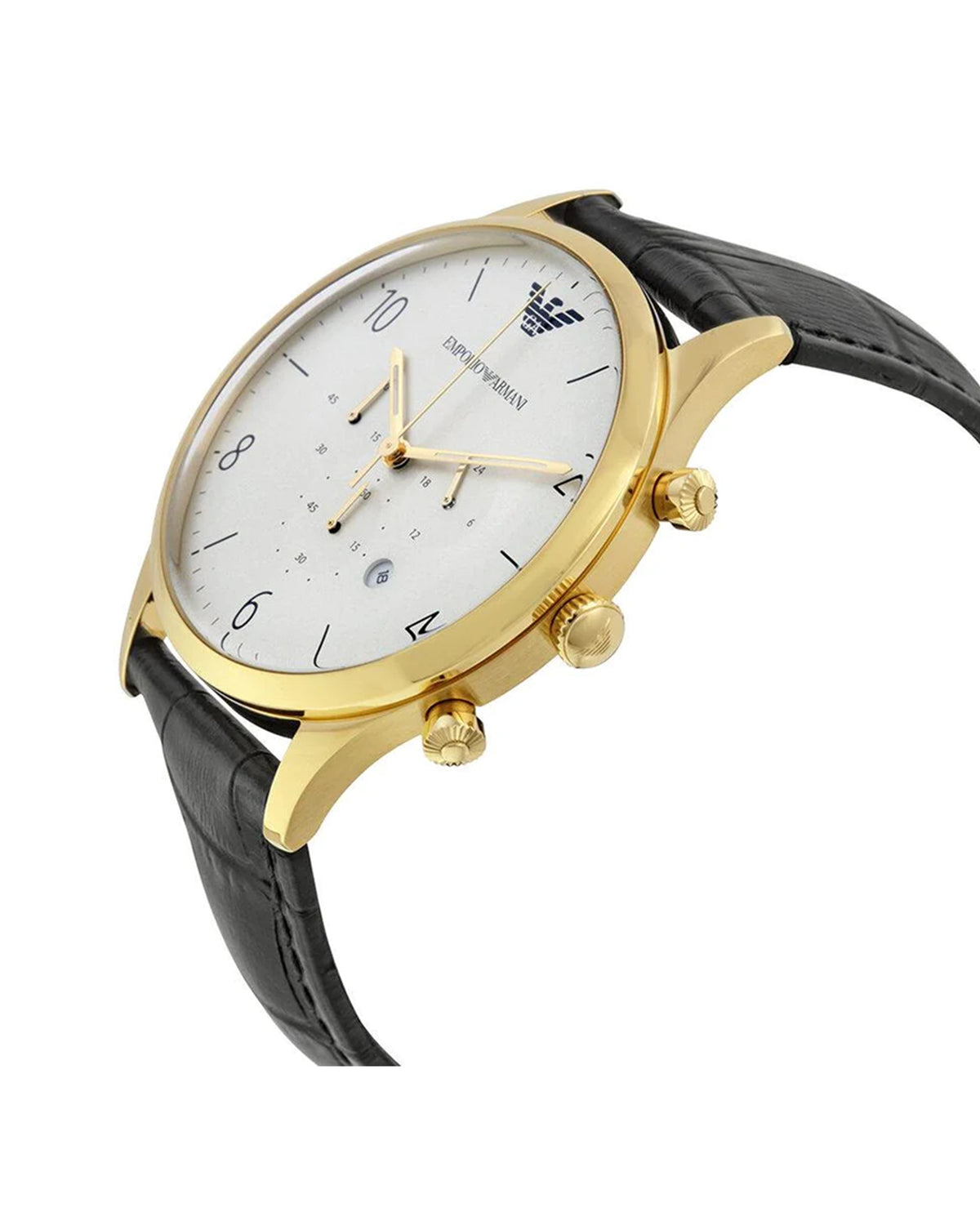 Emporio Armani AR1892 men's chronograph with white dial and gold-tone case — angle view