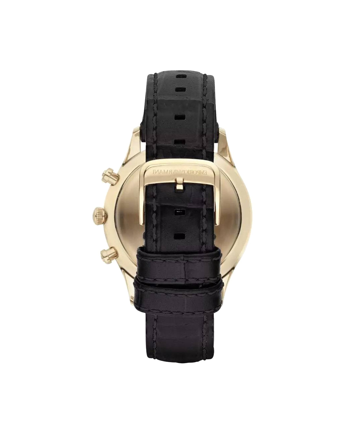 Emporio Armani AR1892 men's chronograph with white dial and gold-tone case — leather strap detail
