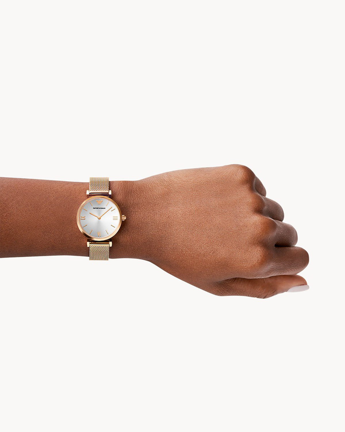 Emporio Armani AR1956 women's watch with white dial and stainless steel case — angle view
