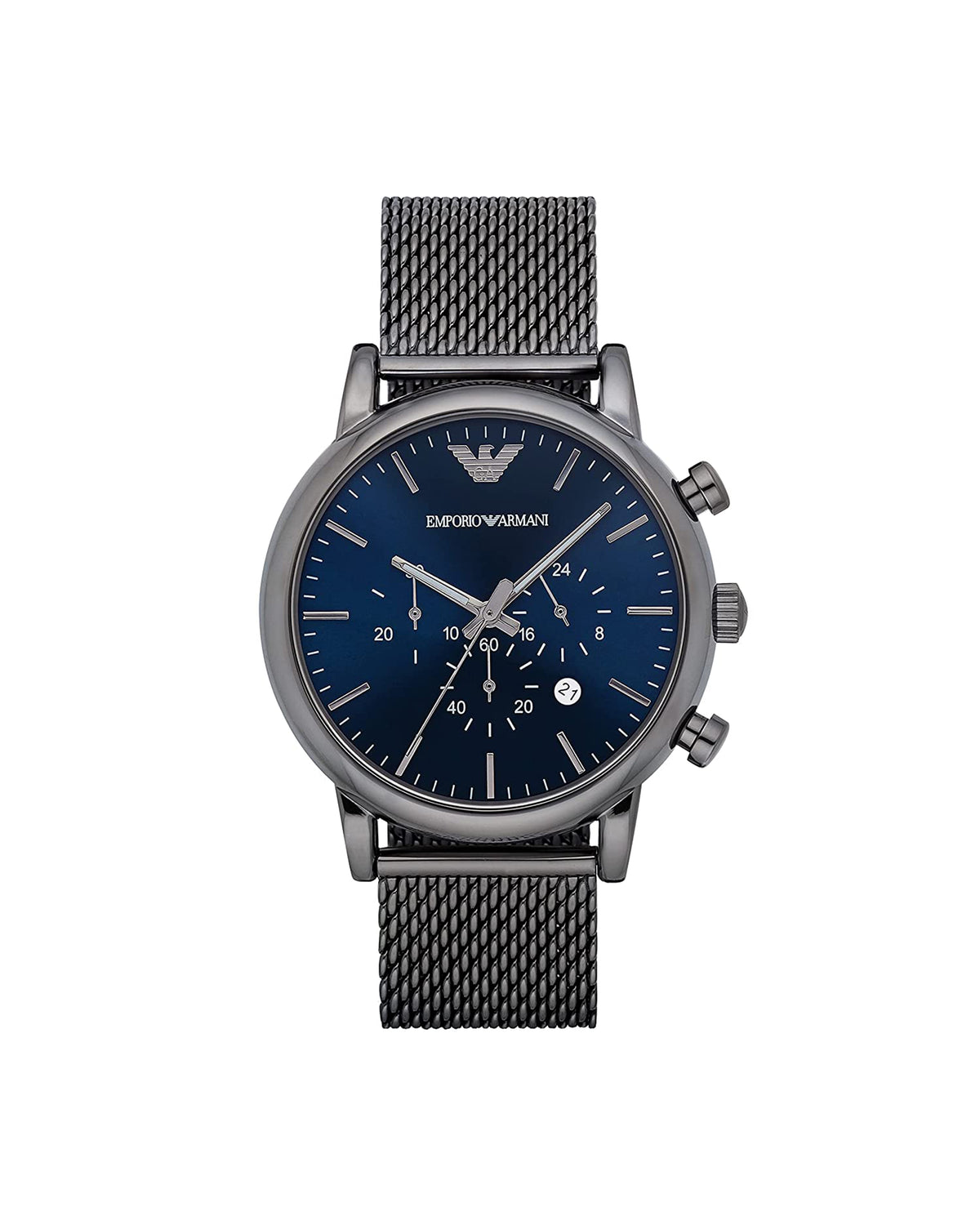 Emporio Armani AR1979 Luigi chronograph watch, front view of stainless steel case and blue dial