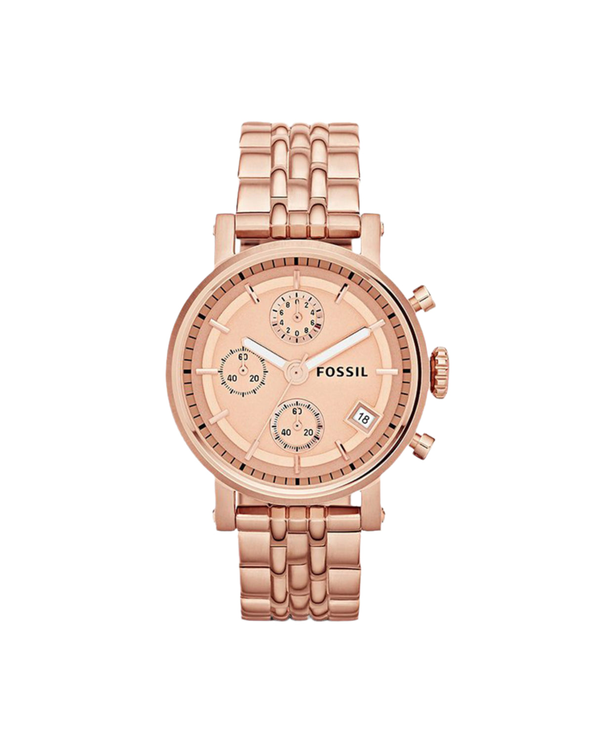 A rose gold Fossil wristwatch with a stainless steel band and case, featuring a pink dial with multiple dials and a date display.