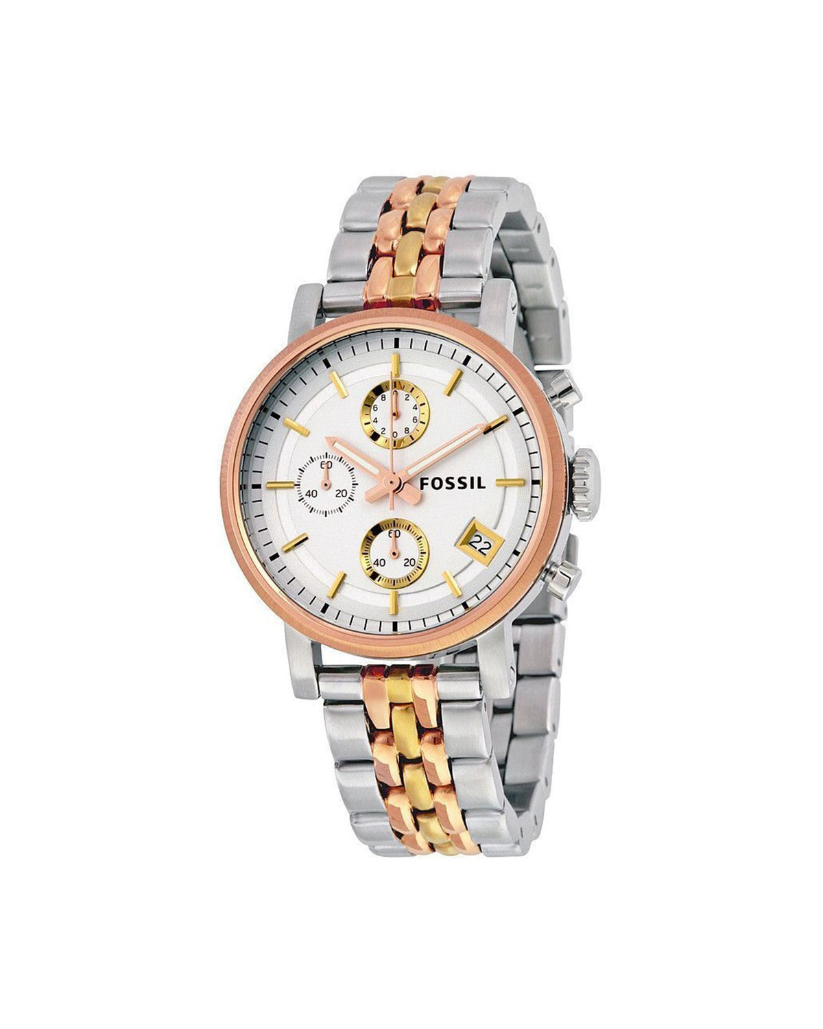 Fossil Boyfriend Chronograph ES3840 tri-tone watch, front view of silver dial