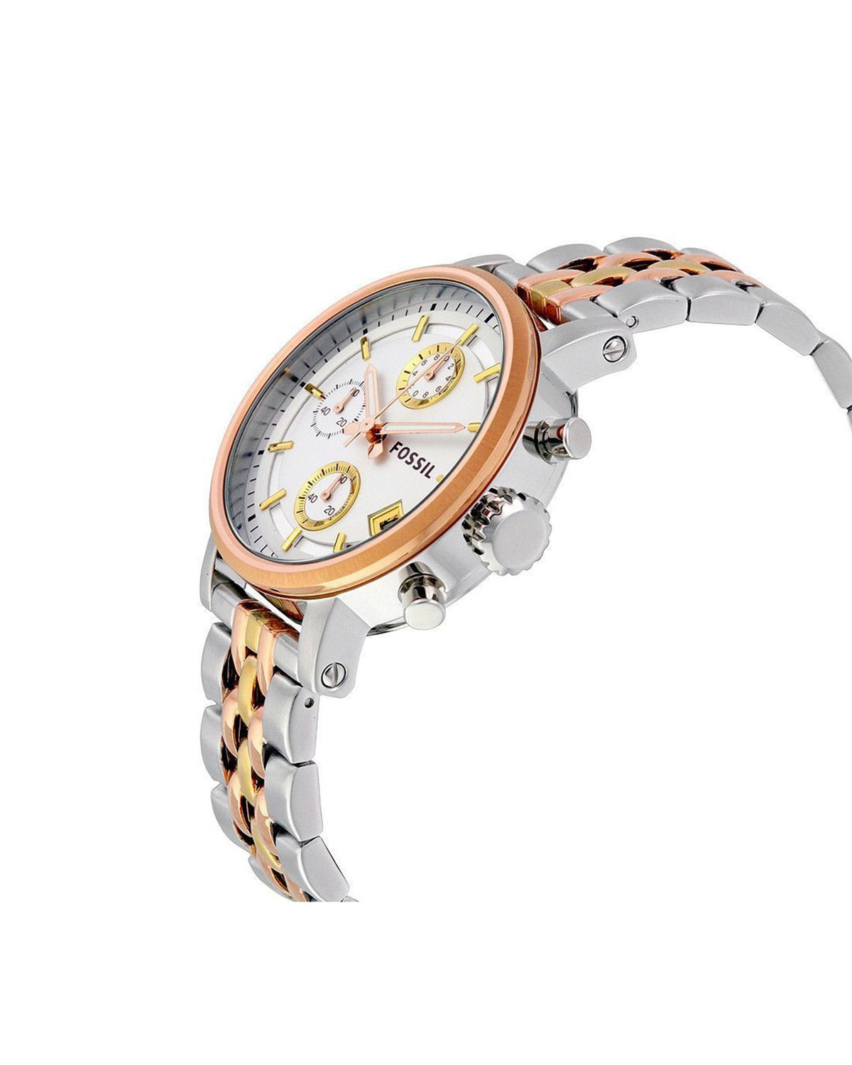 Fossil Boyfriend Chronograph ES3840 tri-tone watch, side view of bracelet and clasp