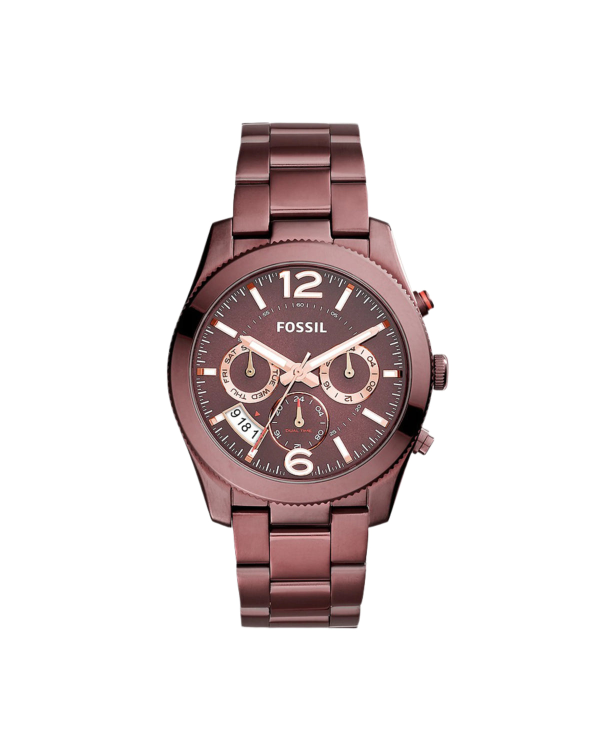 A Fossil brand watch with a brown band and dial, featuring a stainless steel case and a hardlex crystal glass cover.