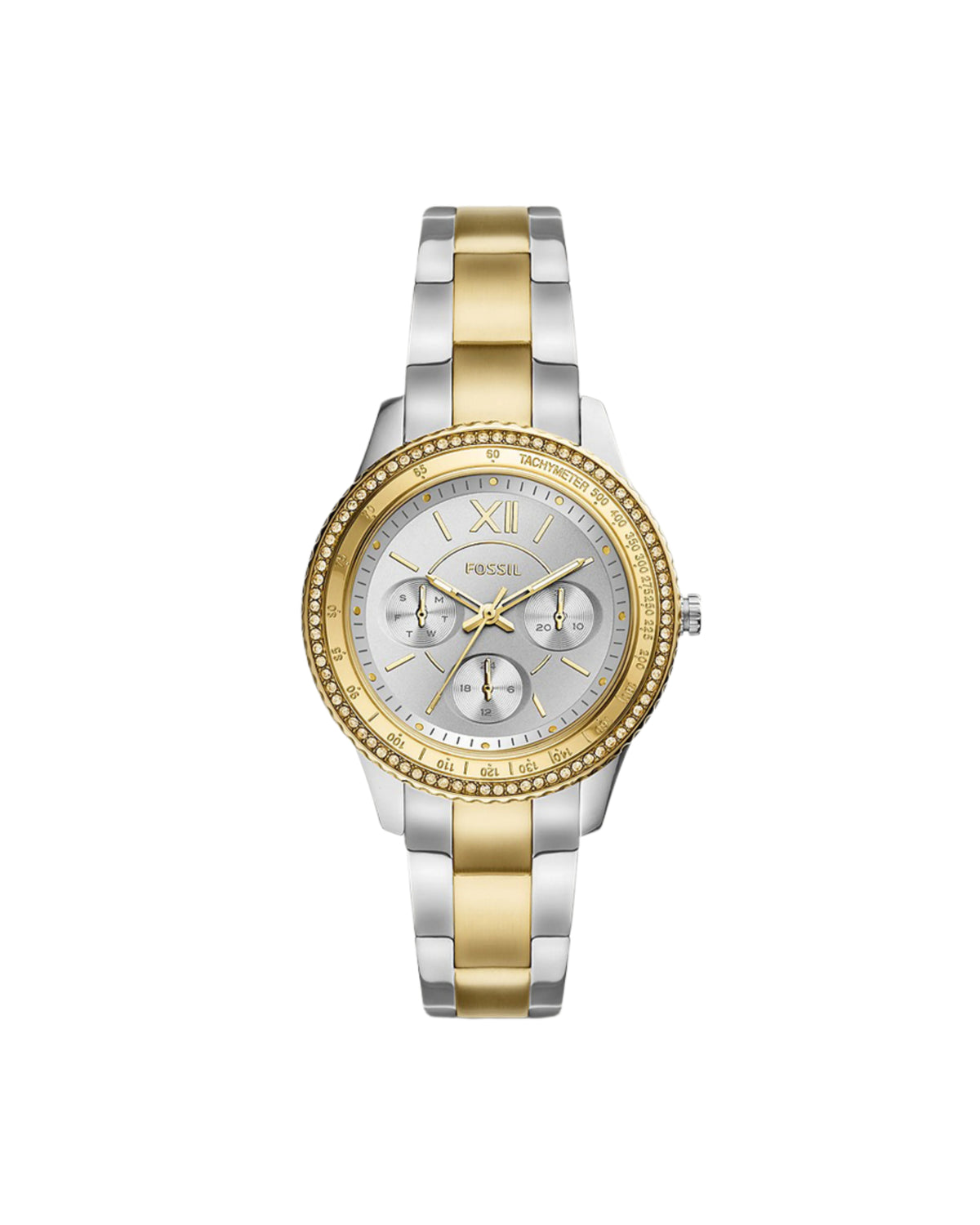 A women's watch with a silver dial, gold case, and a two-tone silver and rose gold strap.