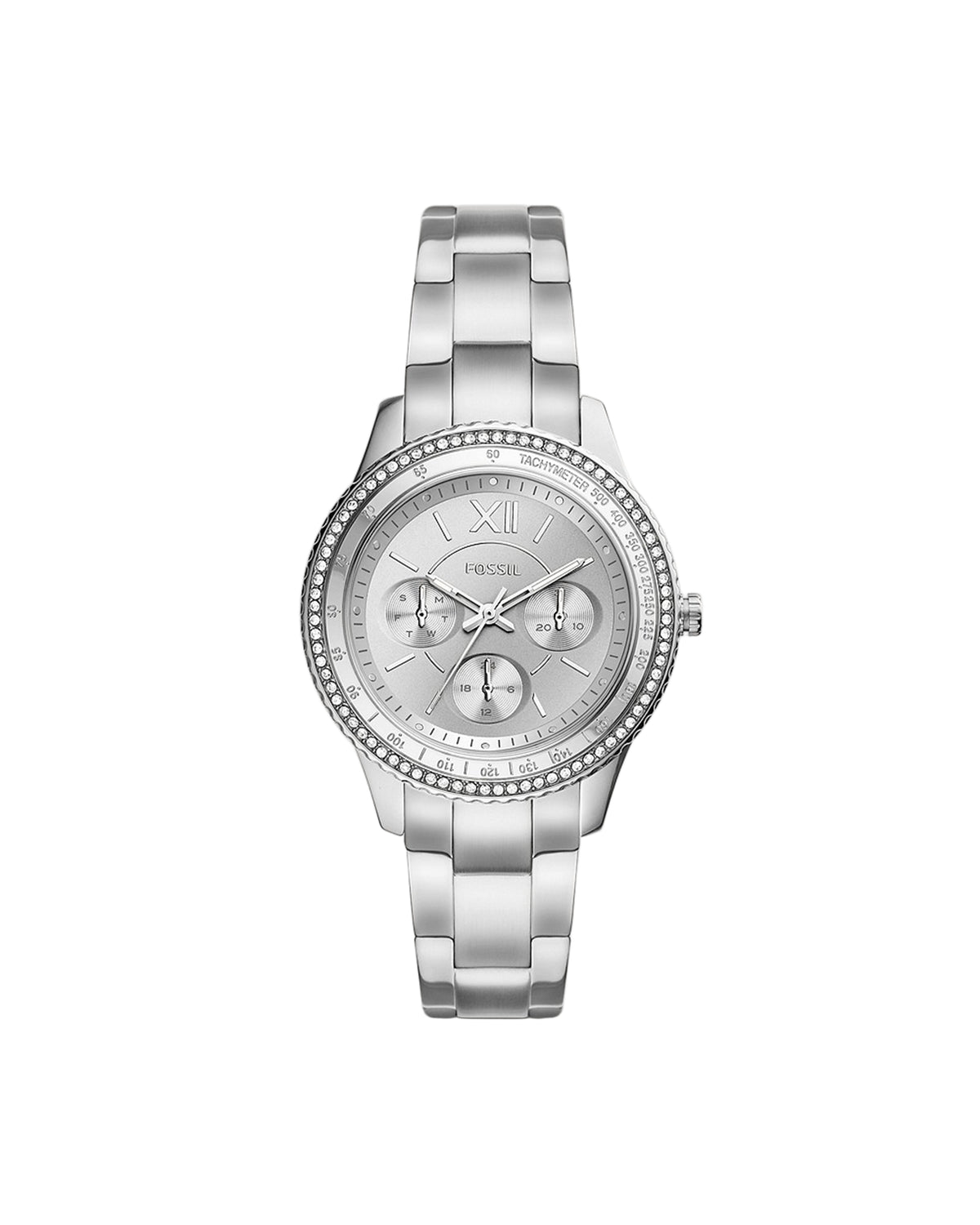 A silver stainless steel Fossil Stella Sport Chronograph watch with a silver dial, crystal bezel, and a bracelet.