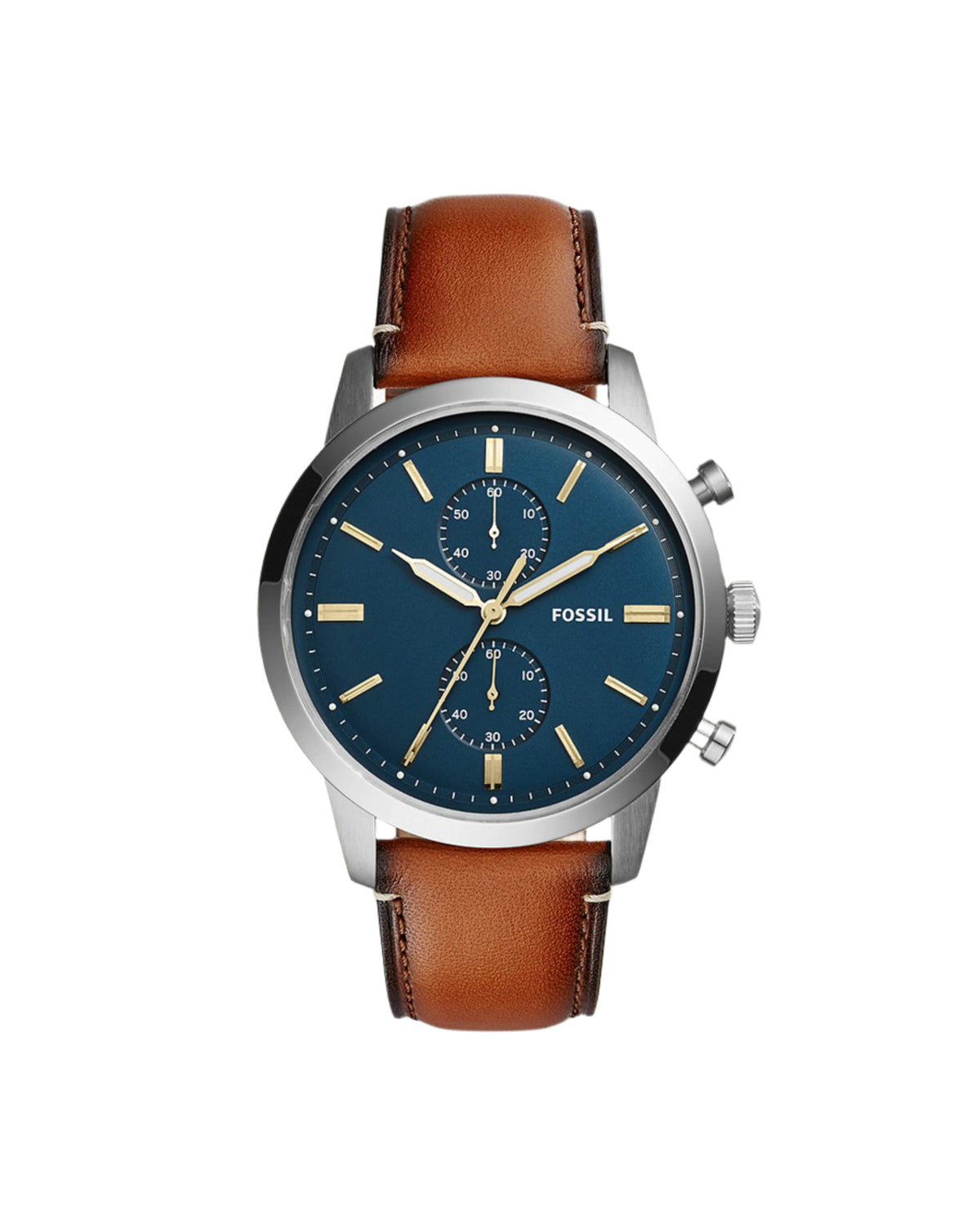 A Fossil Townsman men's watch with a stainless steel case, blue dial, and brown leather strap.