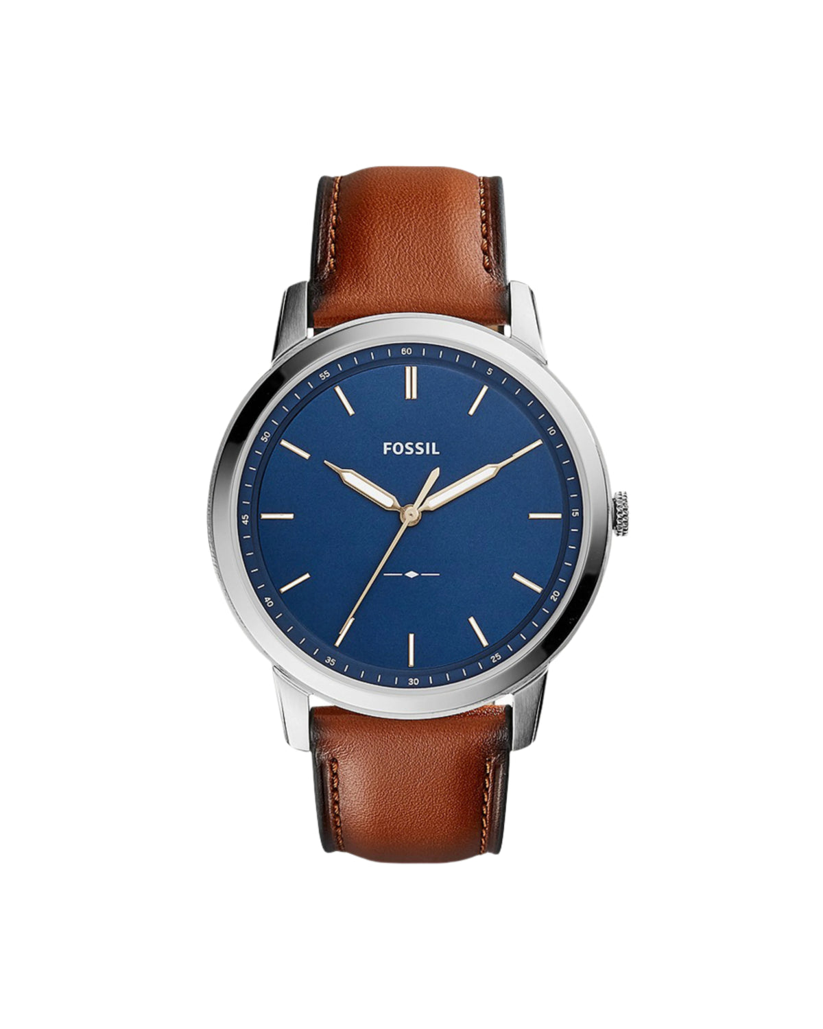 A Fossil brand men's watch with a blue dial, brown leather strap, and stainless steel case.