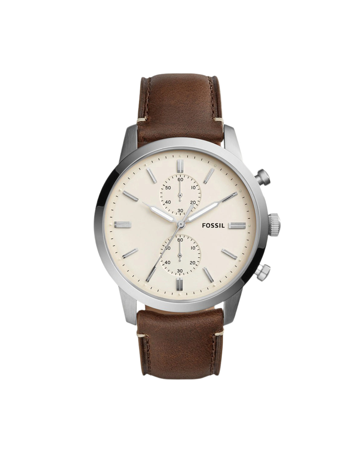 A Fossil Townsman FS5350 watch with a cream dial, stainless steel case, and a brown leather band.