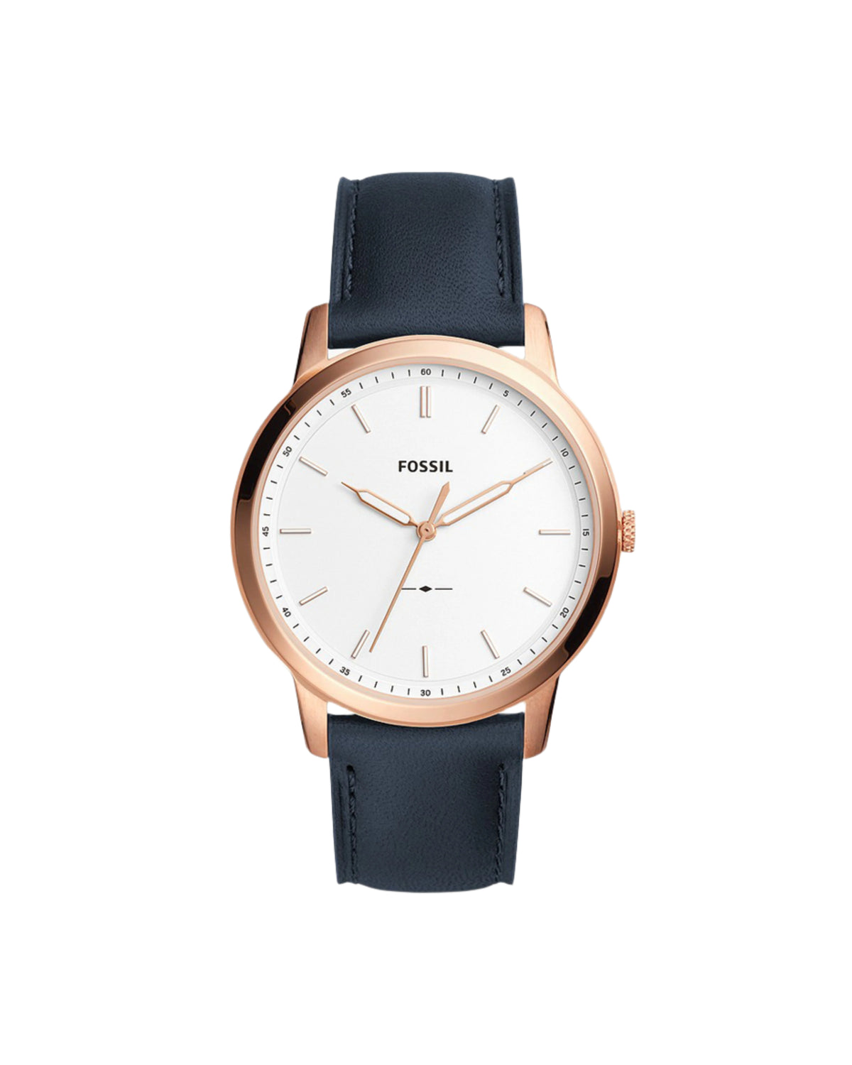 A men's Fossil wristwatch with a white dial, stainless steel case, and calfskin band.