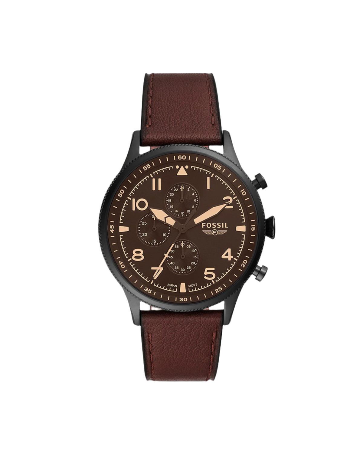 A black and brown pilot chronograph watch with a matte dial and a dark brown leather strap.