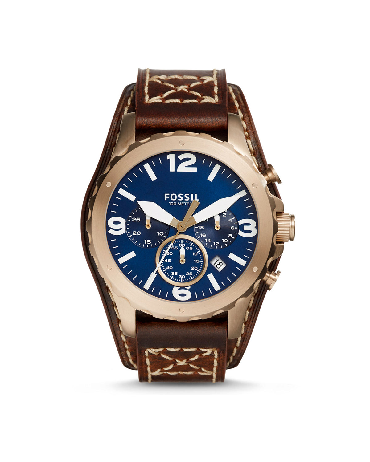 Fossil Nate Chronograph JR1505 (46mm, Gold-Tone, Brown Leather)