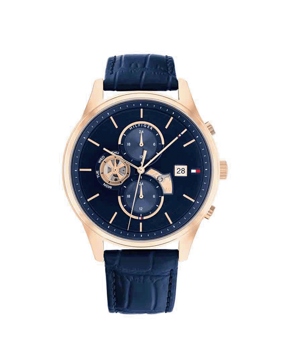 Tommy Hilfiger Weston 1710503 men's watch, blue sunray dial, rose gold-tone case, blue leather strap - front view