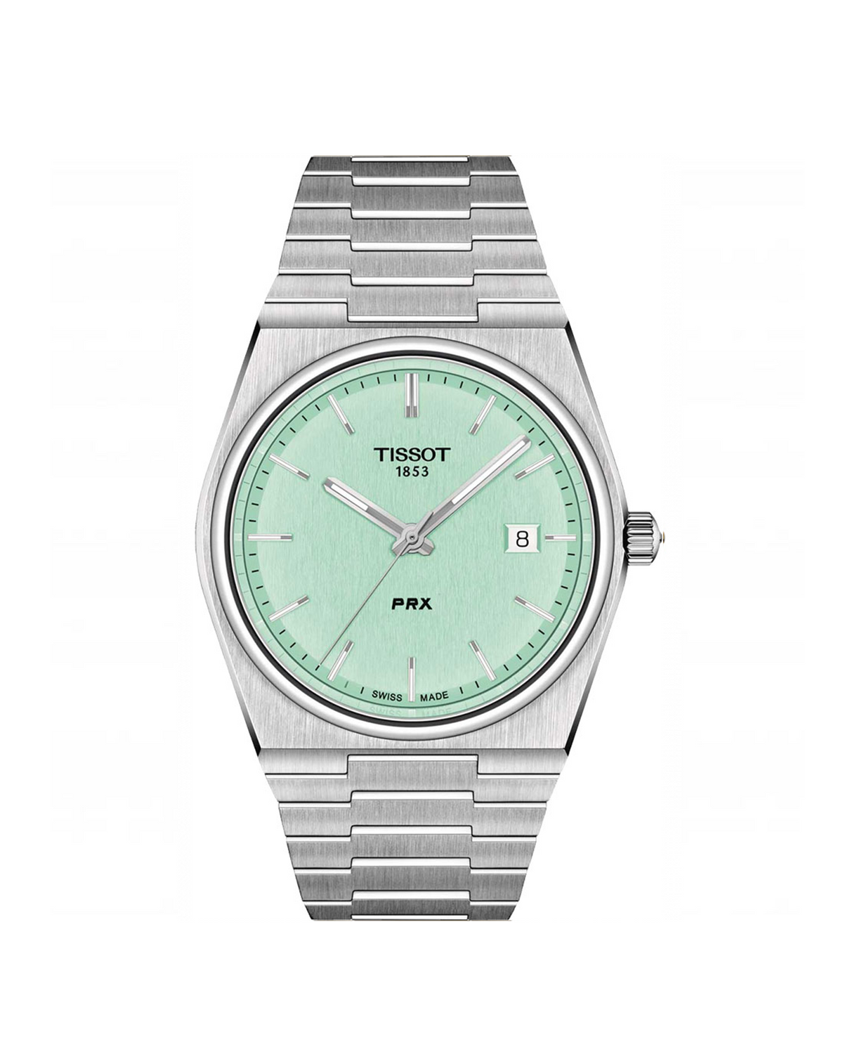 A stainless steel Tissot PRX watch with a turquoise dial and baton hour markers, displayed on a white background.