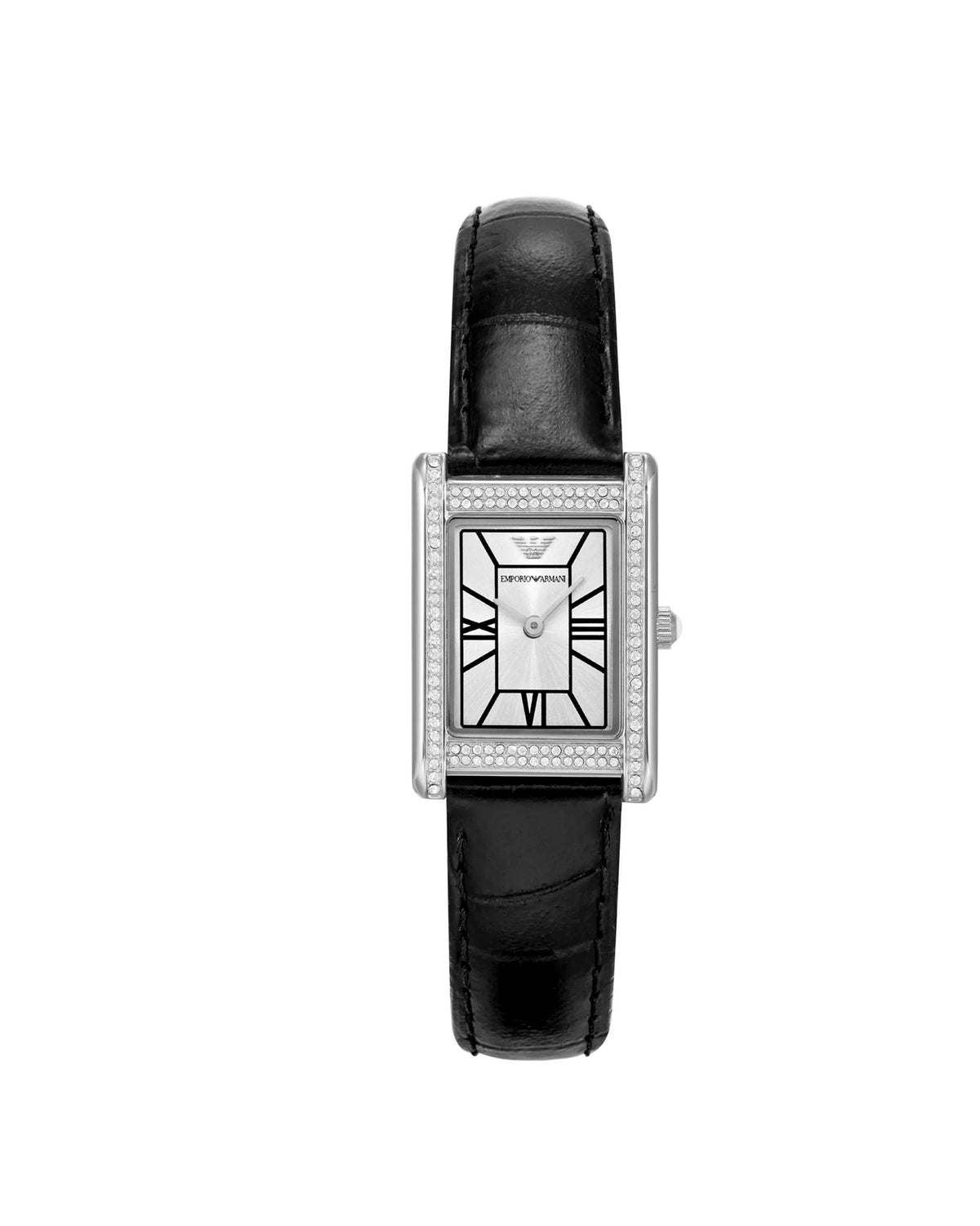 Emporio Armani AR11623 black leather watch, front view of silver sunray dial