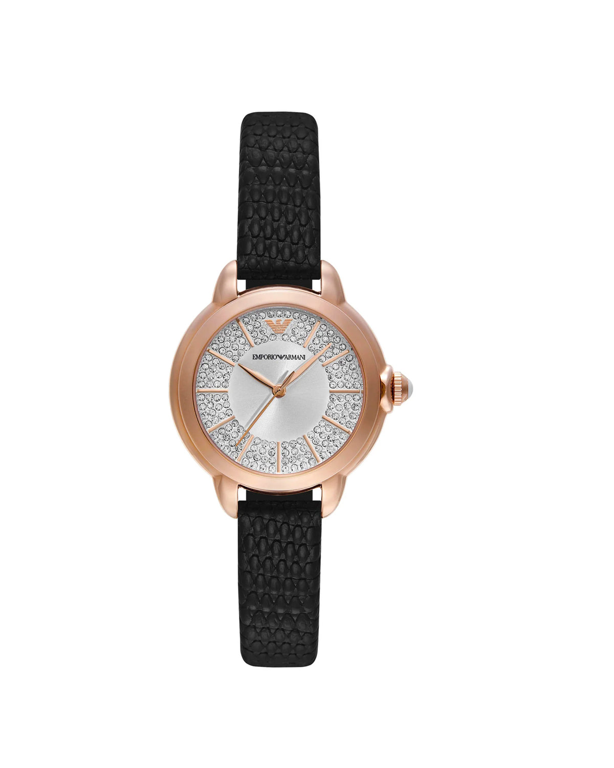 Emporio Armani AR11631 black leather watch, front view of silver sunray dial