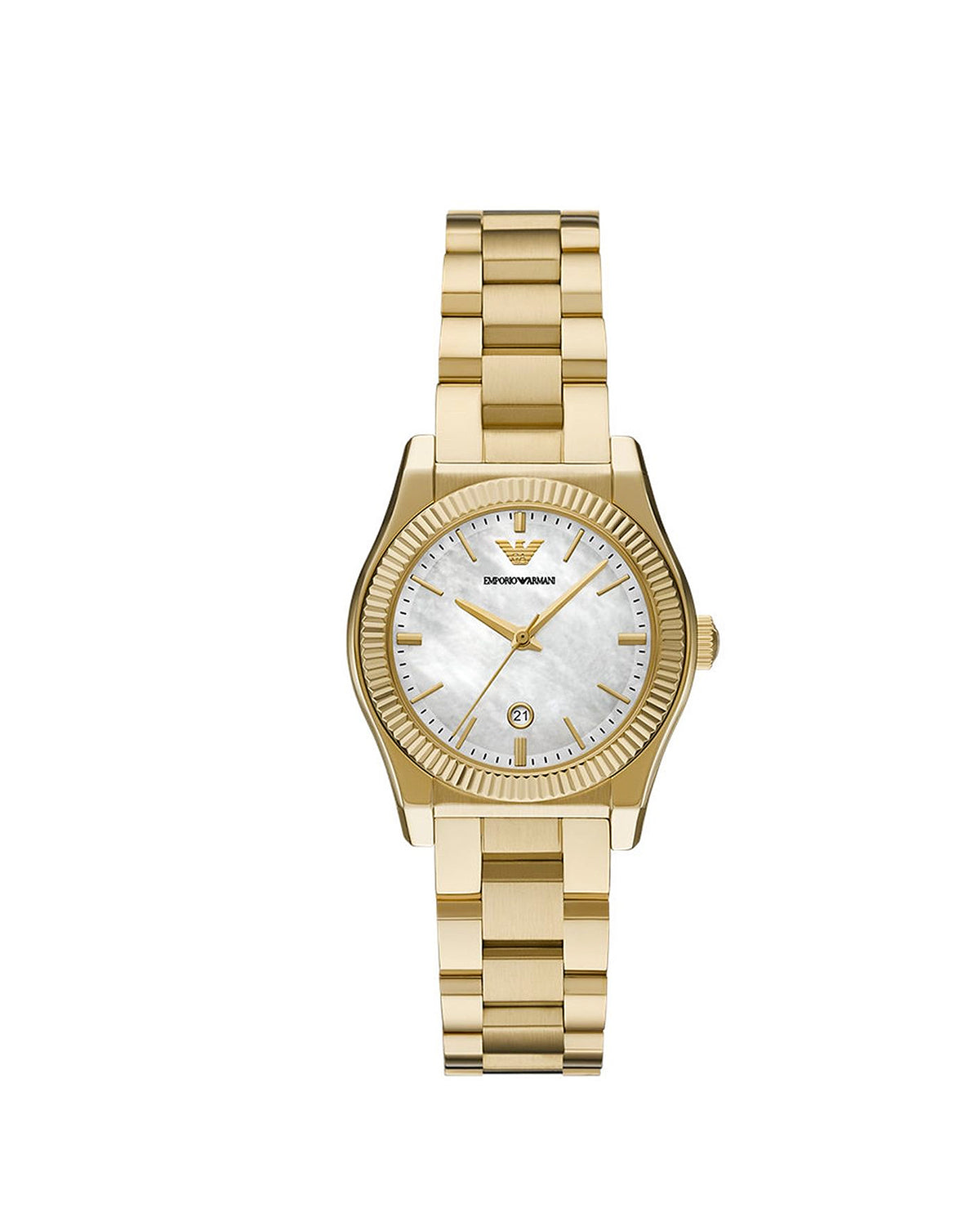 Emporio Armani AR11657 Federica watch, front view of gold-tone case and mother-of-pearl dial