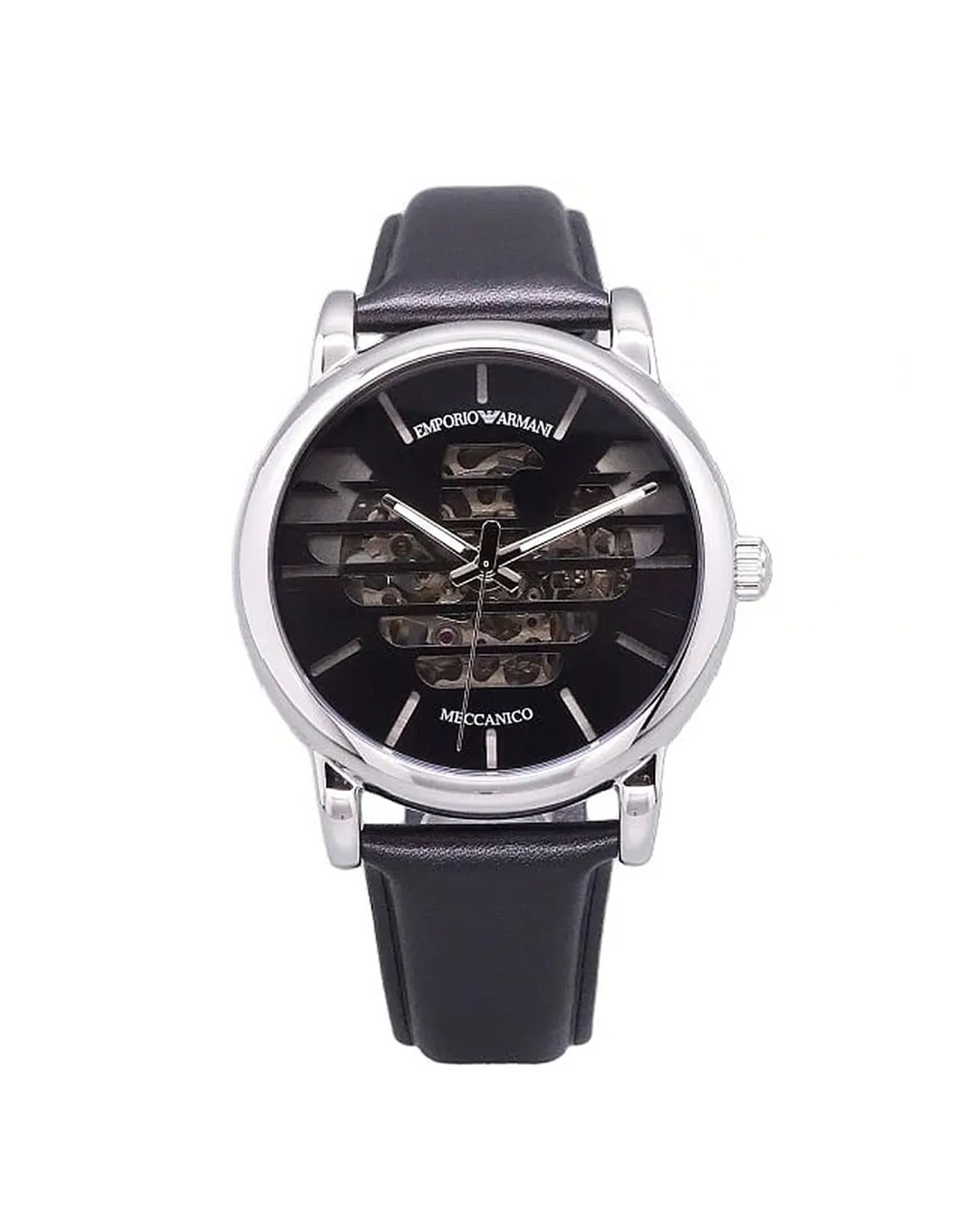 Emporio Armani AR60040 Luigi watch, front view of black dial and stainless steel case