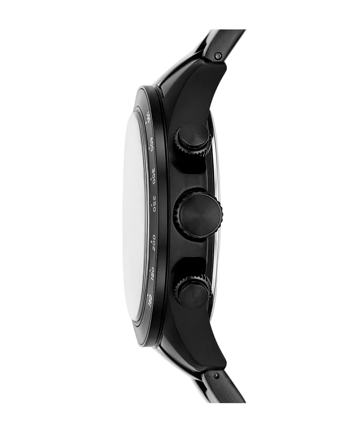 Close-up of a black watch with multiple buttons on a white background