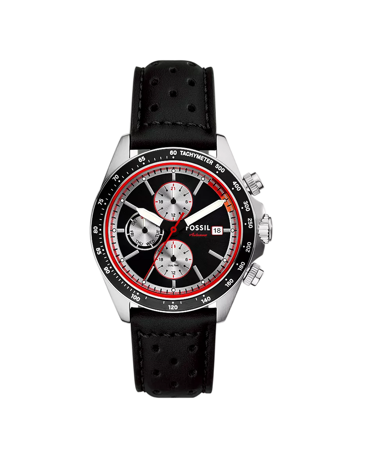Black leather strap Fossil watch with red accents on a white background