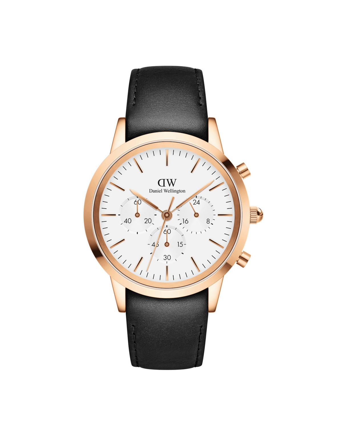 Daniel Wellington Sheffield DW00100646 watch, front view of white chronograph dial