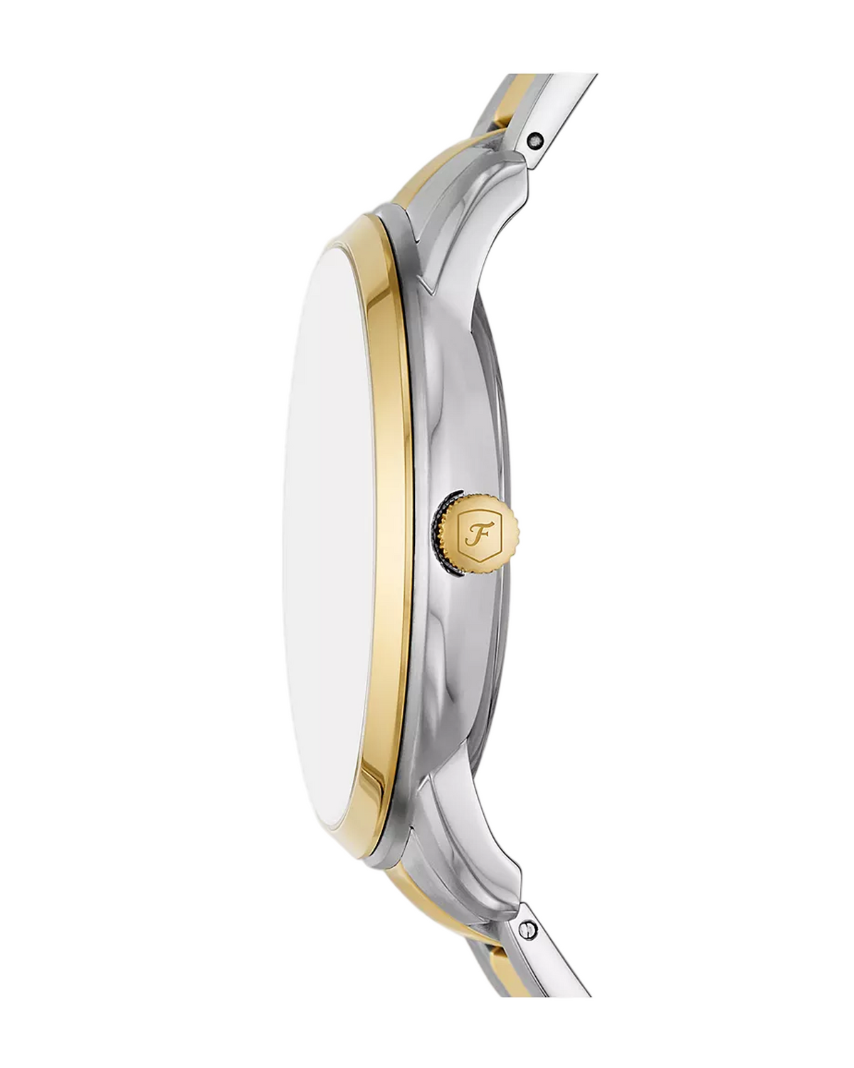 Close-up of a silver and gold watch with a brand logo on a white background