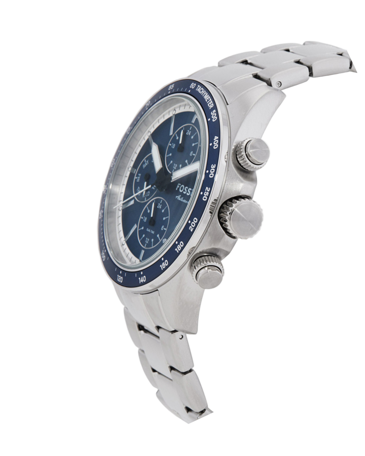 Silver watch with blue accents on a white background