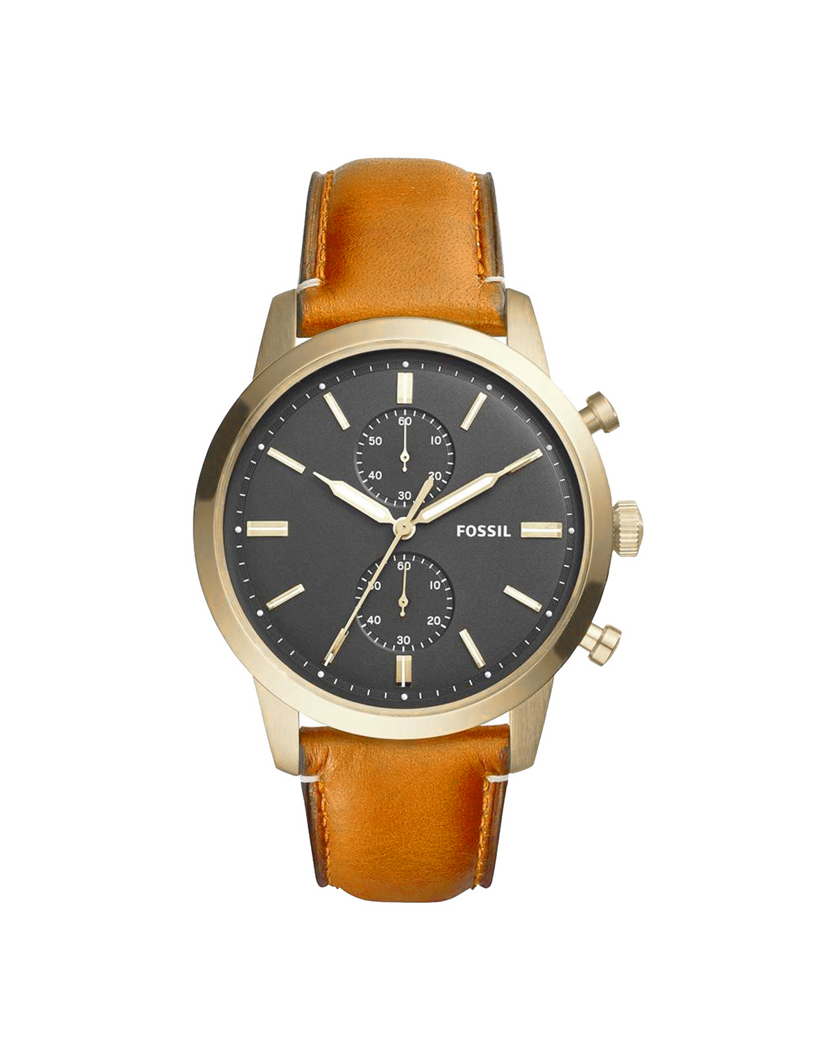 Fossil chronograph watch with a black dial, gold-tone case, and a brown leather strap, shown against a plain white background.