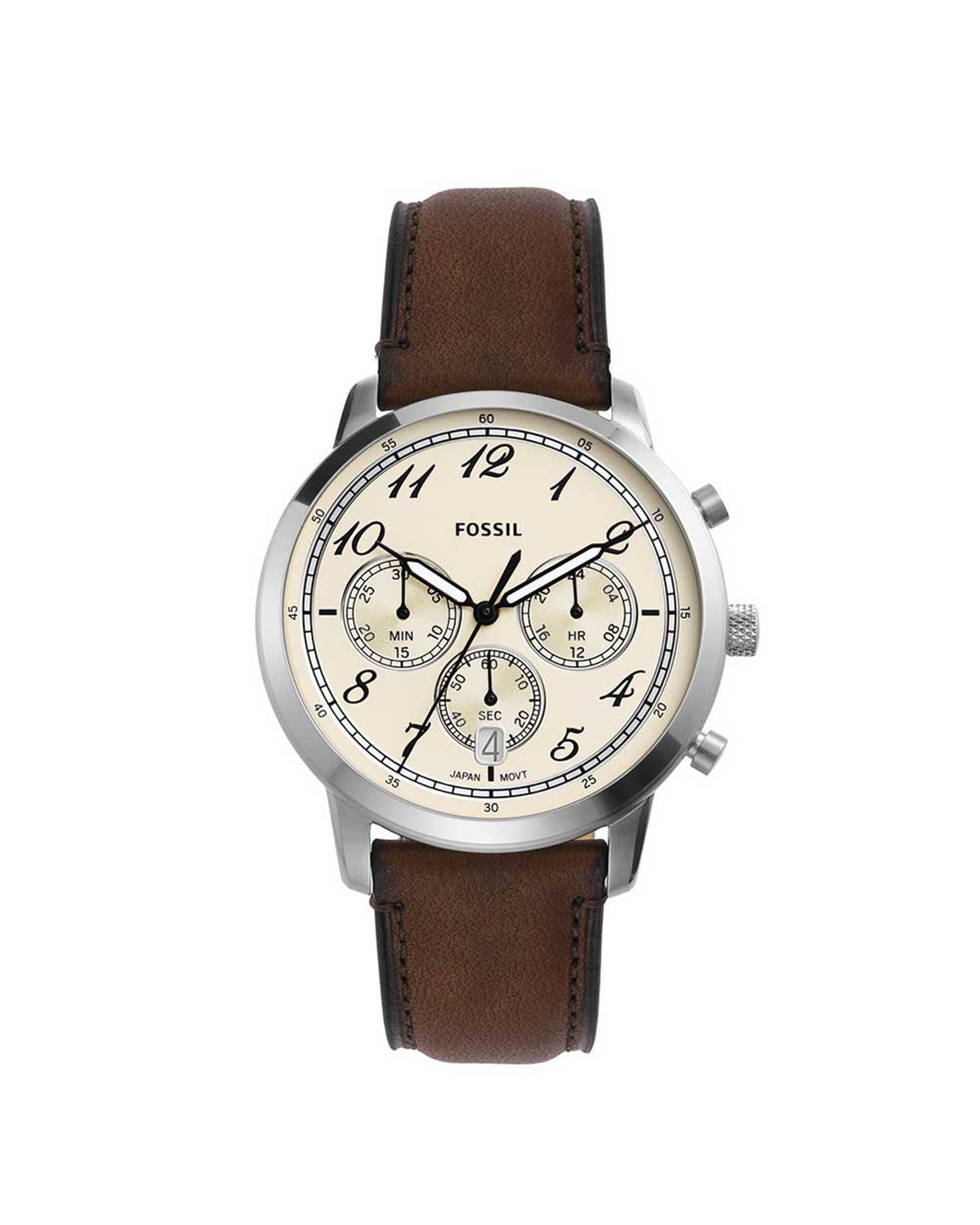 Fossil Neutra Chronograph FS6022 watch, front view of dial and leather strap